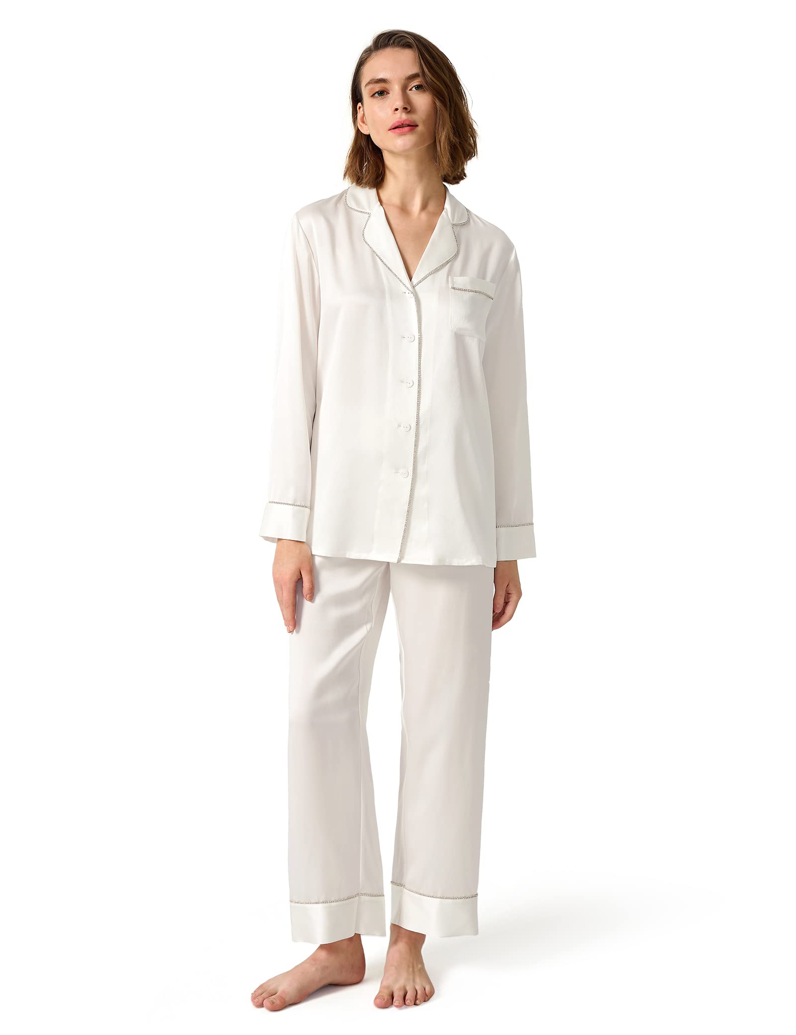 Luxury 100% Pure Silk Pajama Set for Women - Rhinestone Trim Long Sleeve Button Down Sleepwear & Loungewear | Perfect for Relaxing at Home, Spa Days & Romantic Getaways