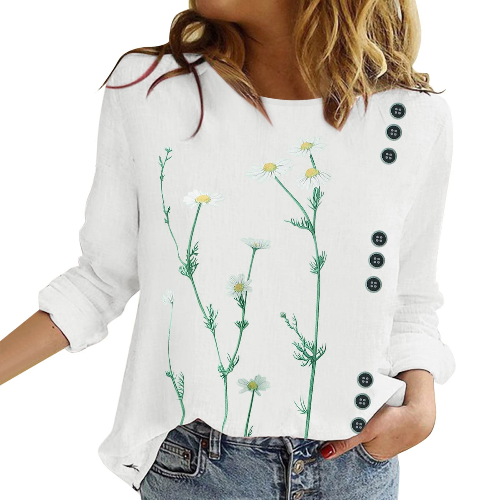 Women's Casual Daisy Print Long Sleeve Round Neck Blouse - Gold & White Color Block T-Shirt for Spring/Summer Outfits, Office Wear & Date Night