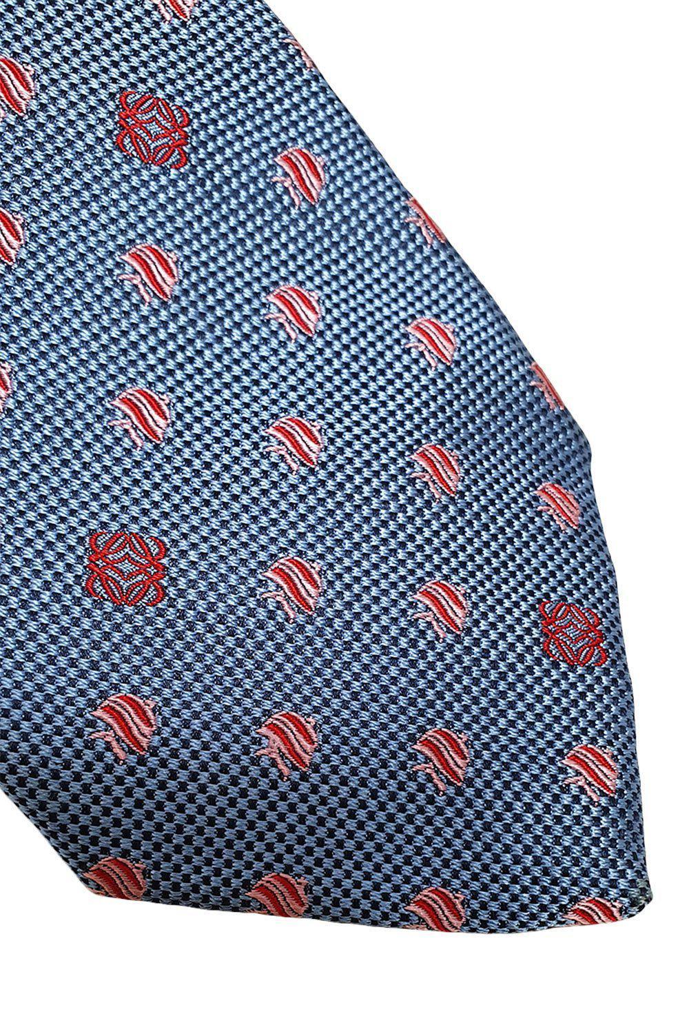 LOEWE 100% Pure Silk Sky Blue Necktie with Pink Logo Fish Pattern - 60