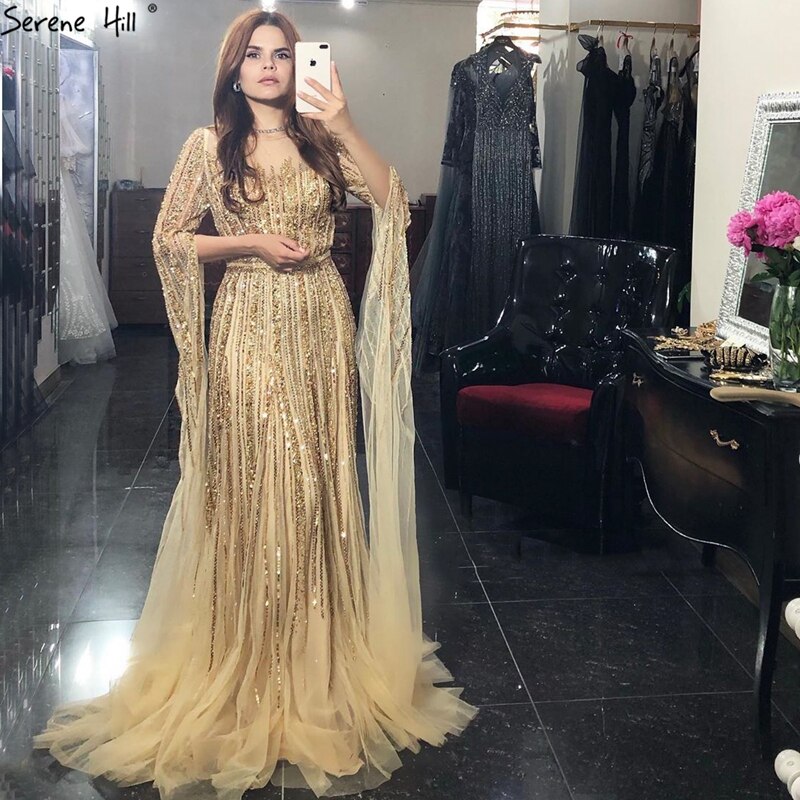 Serene Hill Luxury Gold Beaded A-Line Cape Sleeves Evening Gown for Women - Formal Dress LA70637 | Perfect for Prom, Gala & Wedding Events