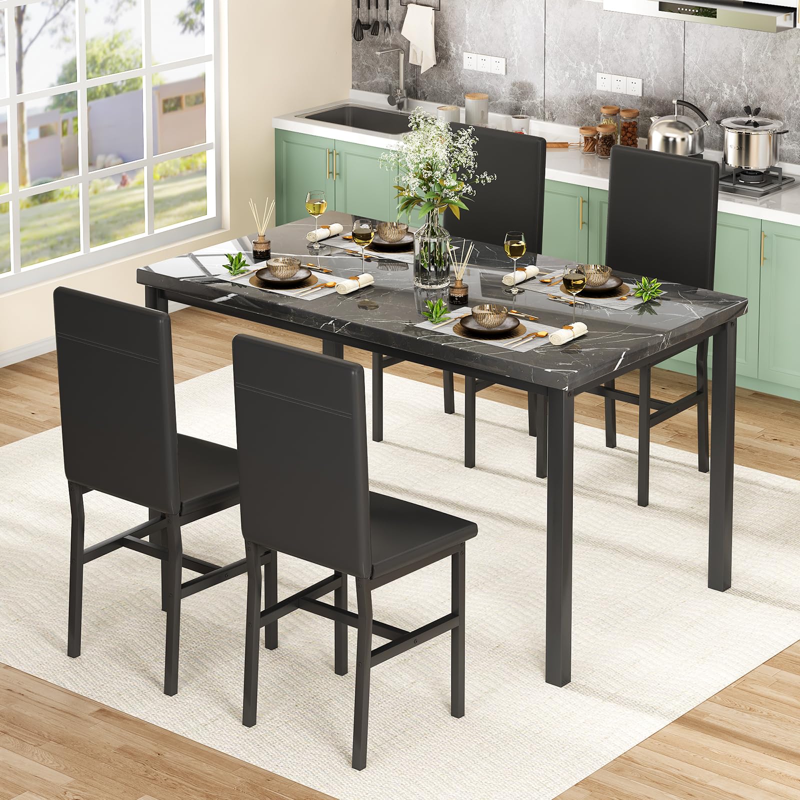 Modern 5-Piece Dining Table Set for 4 - Faux Marble Table & 4 PU Leather Chairs - Space-Saving Kitchen/Dining Room Set for Small Spaces, Apartments, Dinettes - Perfect for Family Meals, Dinner Parties & Compact Living (Black)