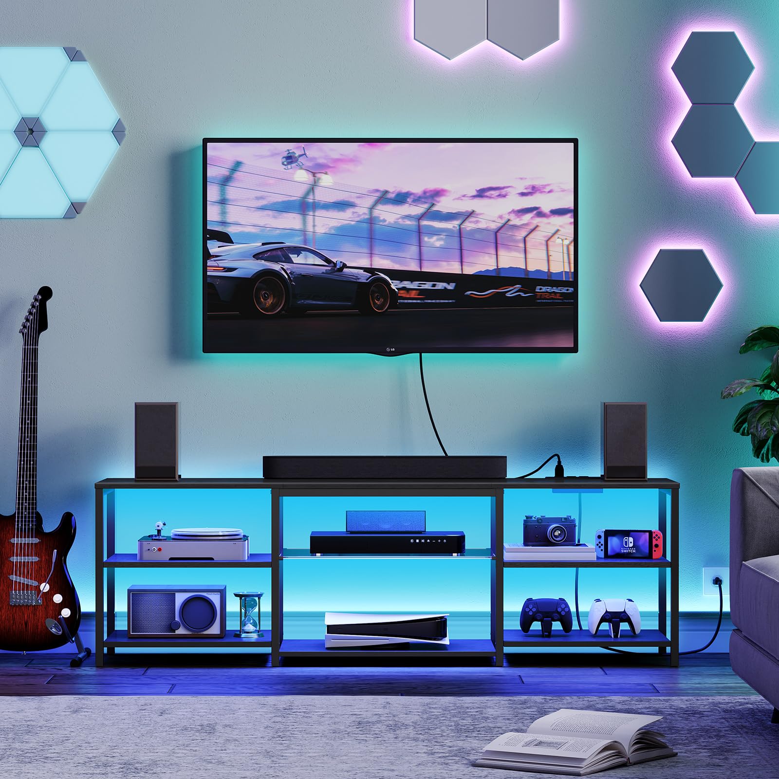 HOOBRO 75 Inch LED TV Stand with Charging Station & 3-Tier Open Storage - 63