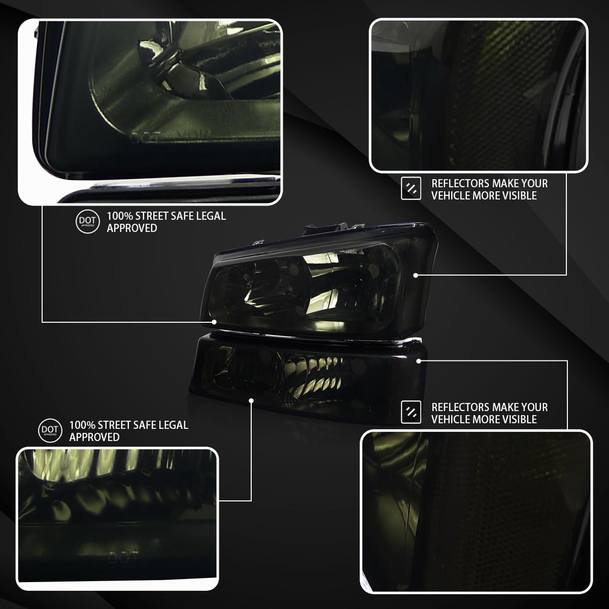 AUTOZENSATION Smoke Headlight & Bumper Light Kit for 2003-2007 Chevy Silverado & 2003-2006 Avalanche - Clear Reflector Pair (Left & Right) - Upgrade Your Truck's Style for Night Driving & Off-Road Adventures