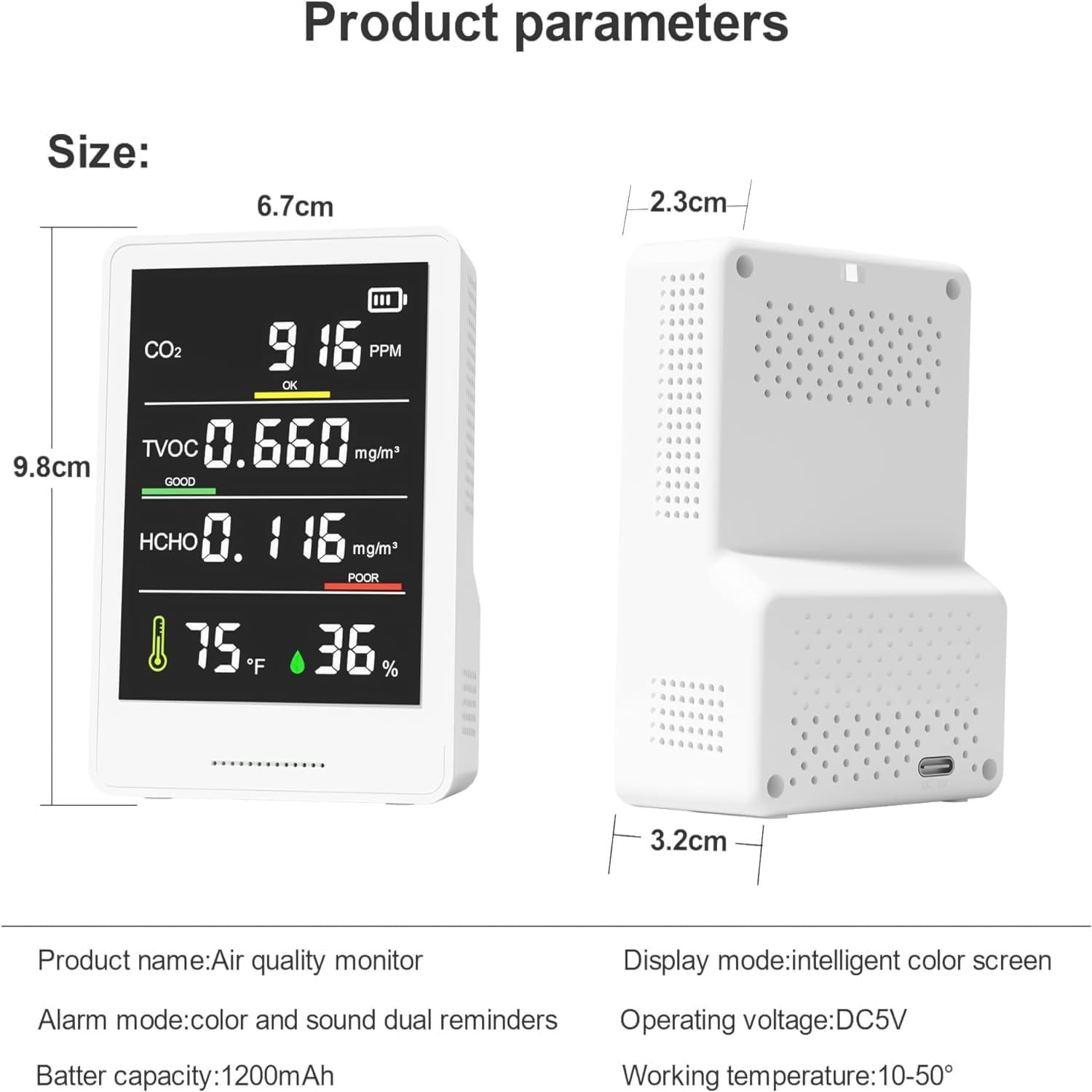 5-in-1 Air Quality Monitor Indoor - Real-Time CO2, Formaldehyde, TVOC, Temperature & Humidity Detector - Home, Office & Nursery Air Quality Tester for Healthier Living Spaces