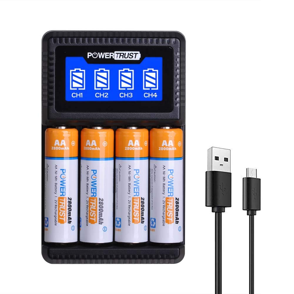 4-Pack 2800mAh AA Rechargeable Batteries with LCD USB Charger for AA/AAA Ni-MH Batteries | 4-Slot Fast Charging | Perfect for Cameras, Toys, Flashlights & Electronics