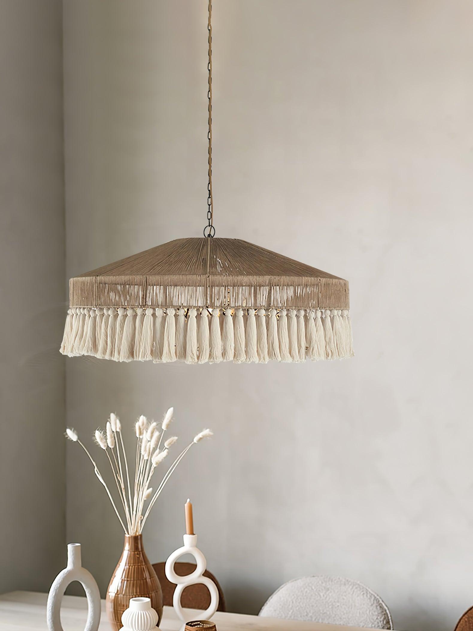 Bohemian Fringe Pendant Lamp - Handmade Macrame Hanging Light Fixture for Bedroom, Living Room & Boho Home Decor - Perfect for Cozy Reading Nooks and Dining Areas