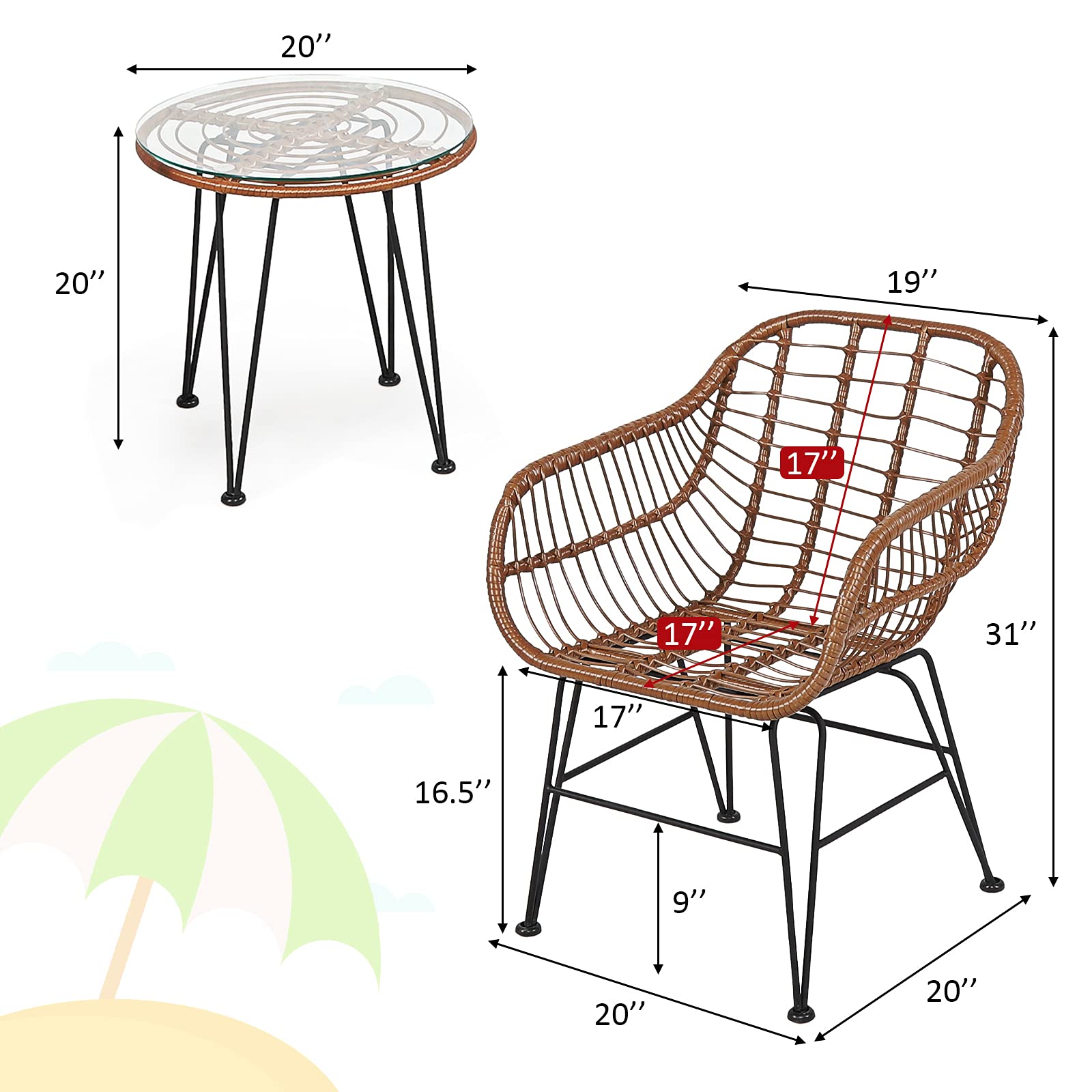 Tangkula 3-Piece Patio Conversation Set - Outdoor Wicker Furniture with Round Tempered Glass Table & 2 Rattan Chairs, Bistro Set with Cushions for Porch, Backyard, Garden, Deck or Poolside Relaxation