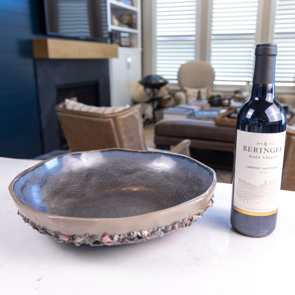 XXL Stoneware & Porcelain Decorative Serving Abstract Bowl - Gray with Rainbow Ring - Large Handcrafted Centerpiece for Dining Table, Kitchen Counter, or Home Décor