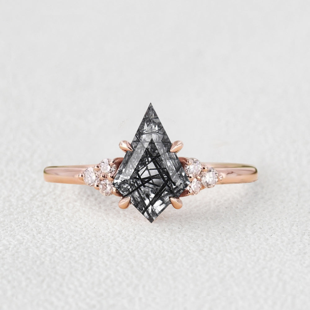 Black Rutilated Quartz Kite Cut Four Prong Engagement Ring - Elegant Wedding Jewelry for Proposals & Anniversaries