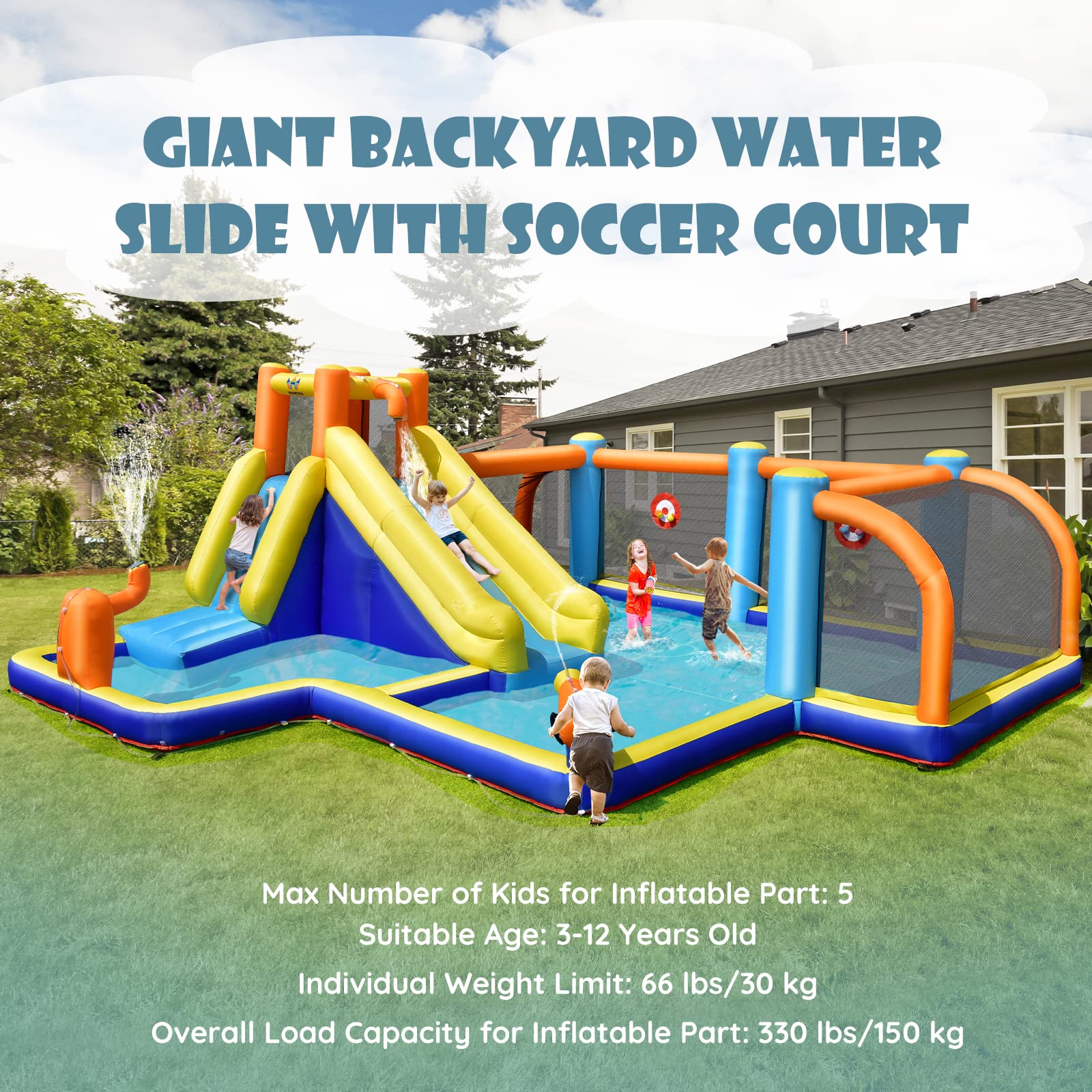 BOUNTECH 15x16.5FT Inflatable Water Slide with Splash Pool & Climbing Wall - 7-in-1 Mega Water Soccer Park for Outdoor Fun | Perfect for Backyard Parties, Summer Games, Kids Birthday Gifts & Family Water Activities