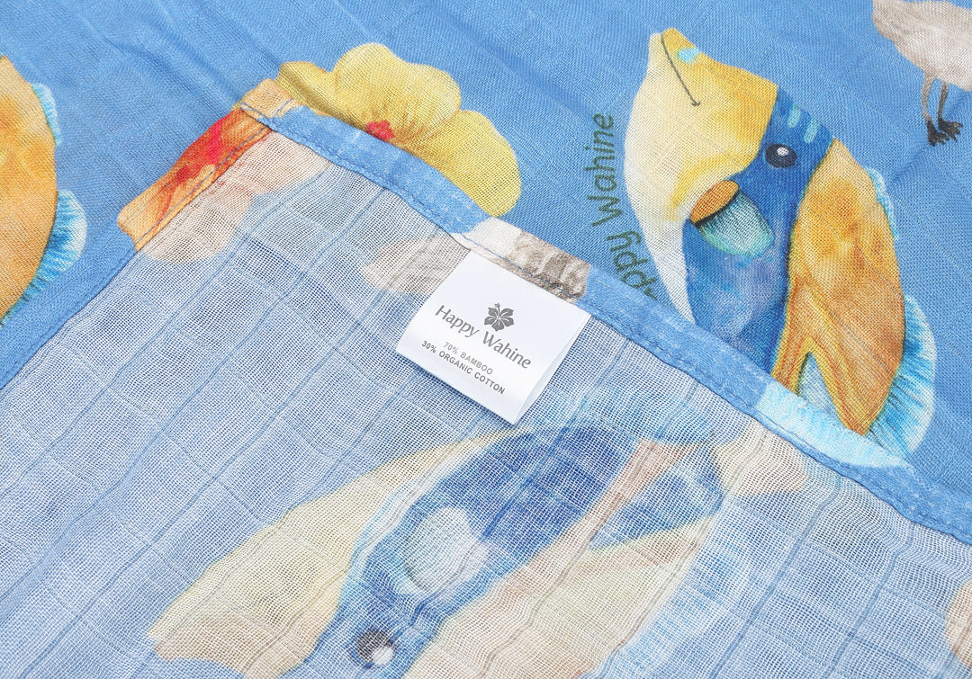 Soft Baby Muslin Swaddle Blanket - Humu Nene Hibiscus Blue Design - Perfect for Newborn Swaddling, Nursing & Stroller Use