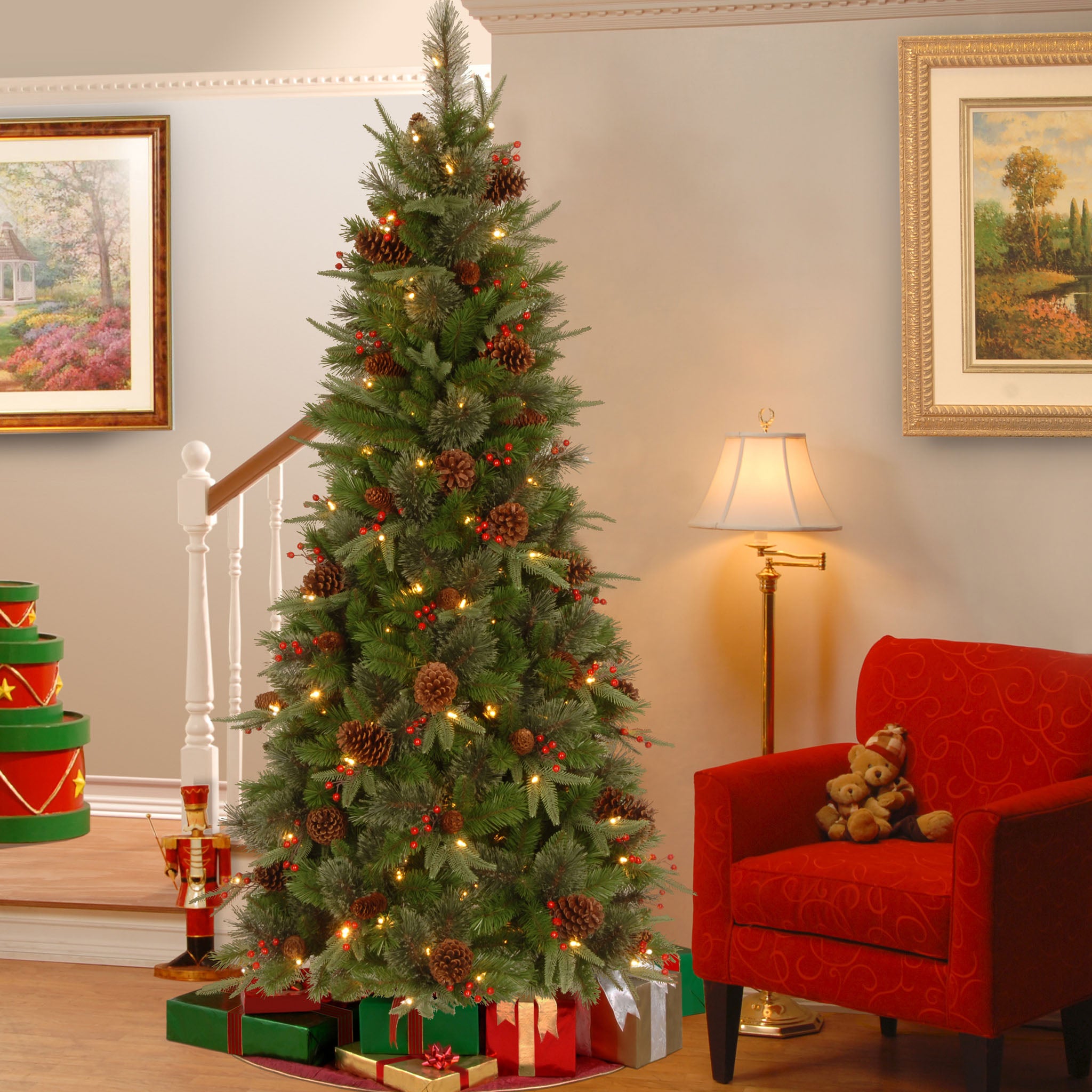 7.5 ft Pre-Lit Artificial Christmas Tree with Clear Lights - Slim Colonial Fir Design for Home, Office, and Holiday Decorations