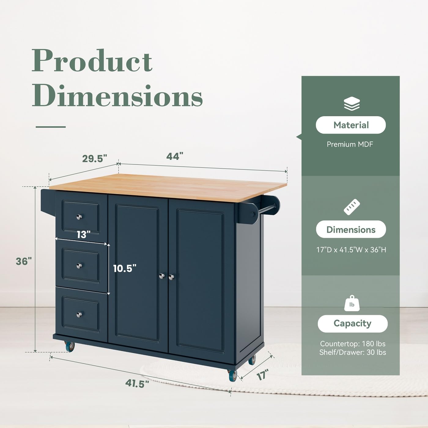 MFSTUDIO Large Rolling Kitchen Island on Wheels with Drop Leaf, 3 Drawers & Wood Countertop - Mobile Kitchen Cart with Storage for Small Spaces, Navy Blue - Perfect for Kitchen, Dining Room & Apartment Cooking