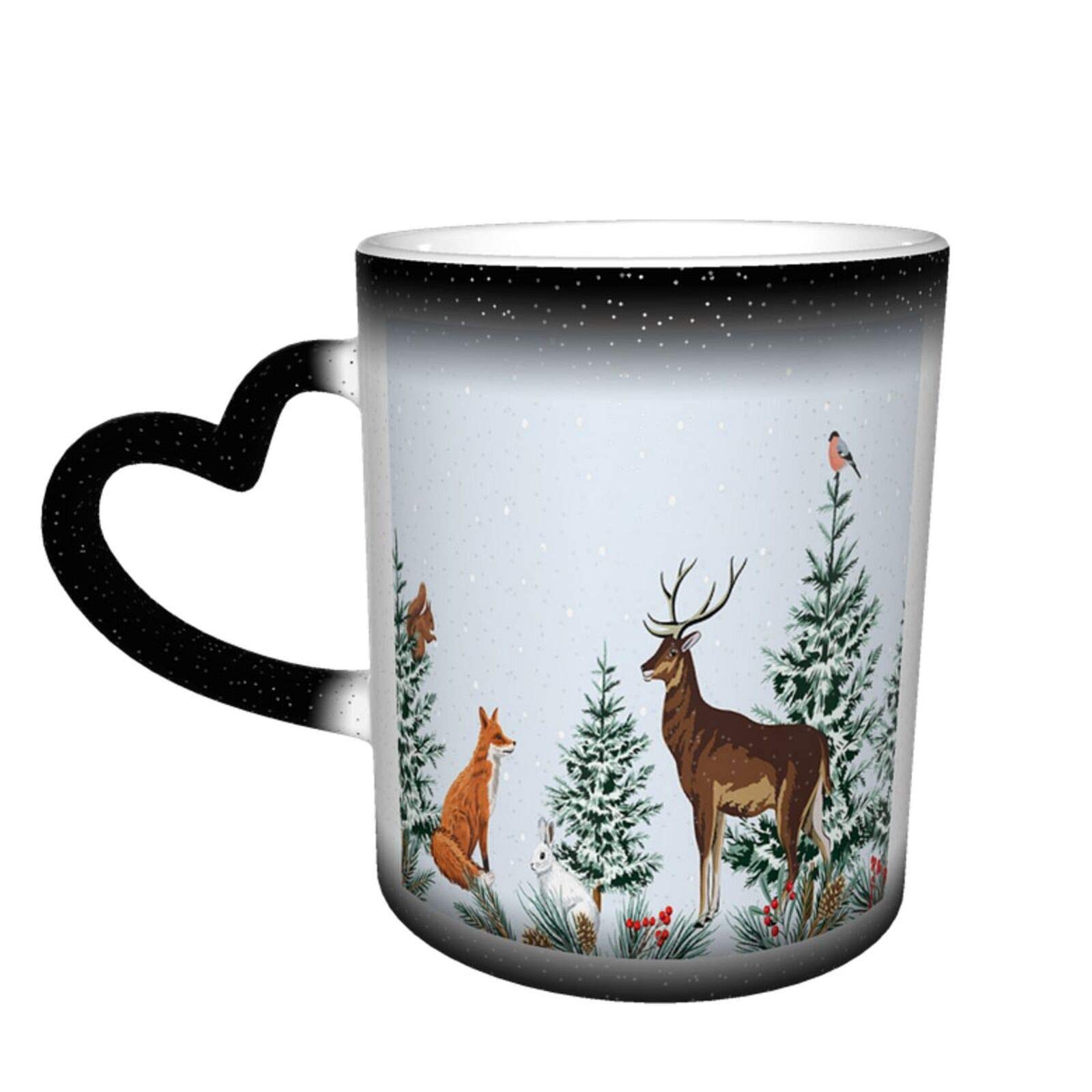 Heat Sensitive Color Changing Mug - Red Fox, White Rabbit, Deer & Winter Forest Animals Ceramic Coffee Tea Cup - Perfect for Christmas Gifts, Cozy Home Decor & Office Use