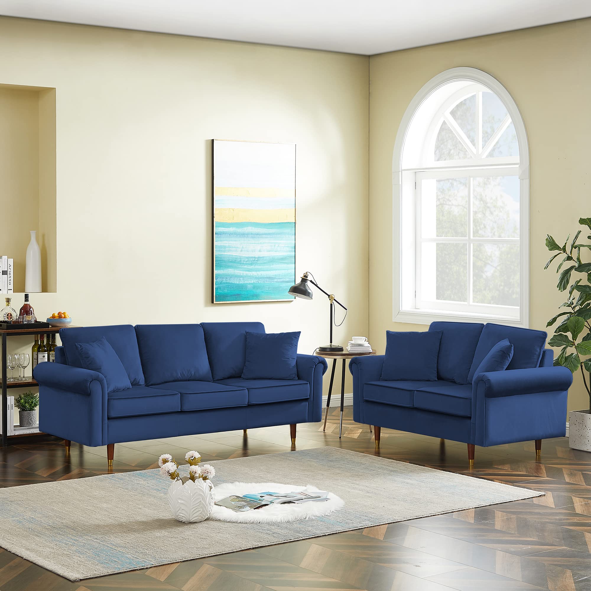 2-Piece Velvet Living Room Sofa Set with 4 Pillows - Modern Upholstered 3-Seater Sofa & Loveseat Set in Blue - Perfect for Small Spaces, Apartments, Living Rooms & Bedrooms - Soft & Comfortable for Relaxing, Entertaining & Family Movie Nights