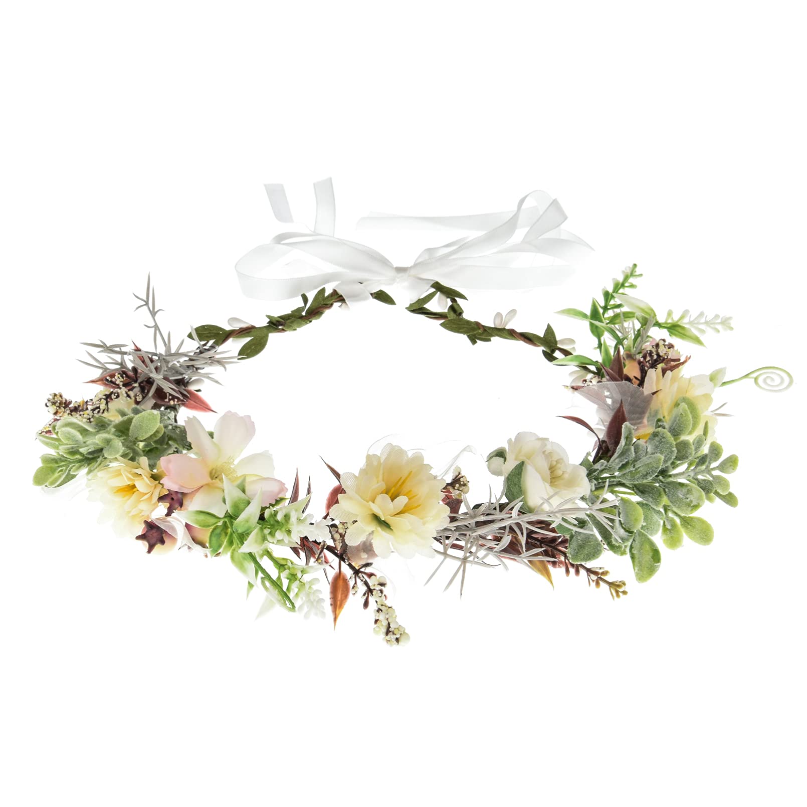 Succulent Flower Crown Eucalyptus Halo Wedding Floral Headband - Photo Prop for Bridal Shower, Boho Wedding & Maternity Shoot (Fruit & Ivory Flowers)