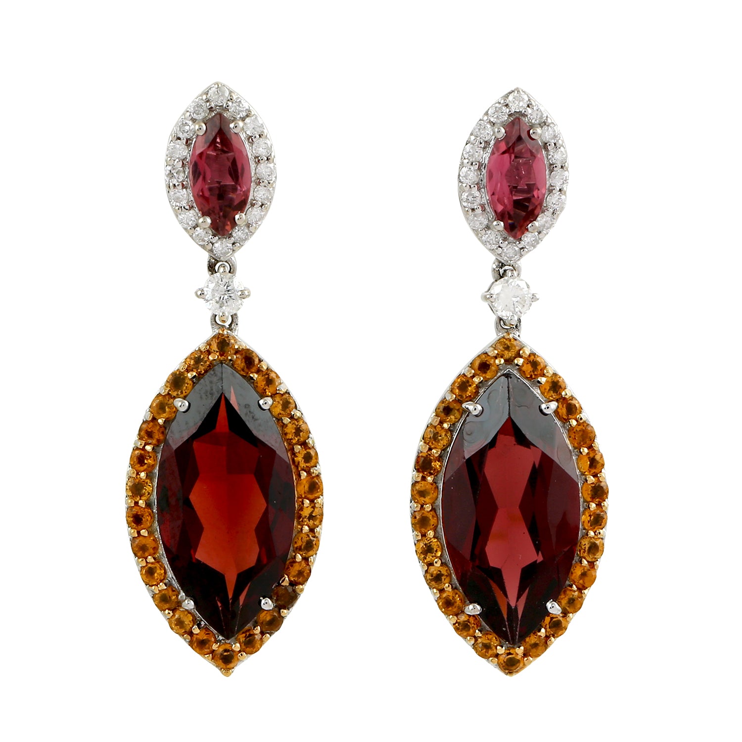 Exquisite Marquise Garnet & Pink Tourmaline Pave Citrine Prong Diamond Dangle Earrings in 14K White Gold - Perfect for Weddings, Anniversaries & Special Occasions