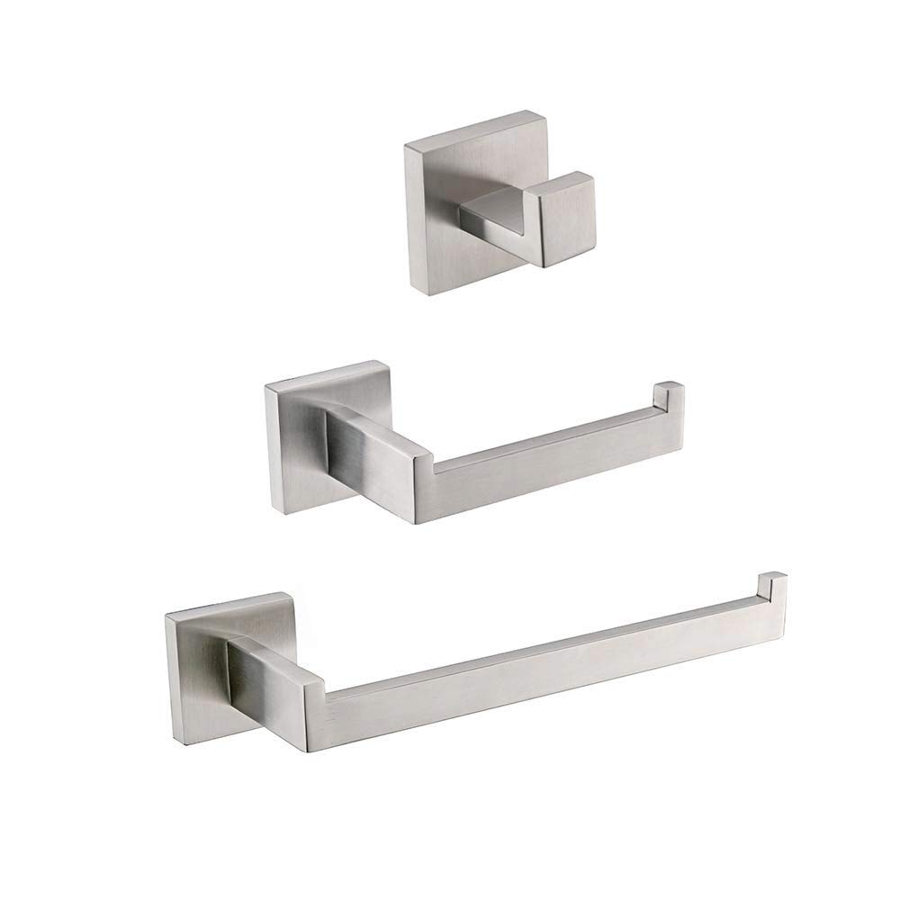 3-Piece Bathroom Accessory Set - SUS 304 Stainless Steel Toilet Paper Holder, Towel Bar & Robe Hook Wall Mount - Rustproof & Durable Brushed Finish - Perfect for Modern Bathrooms & Powder Rooms (Q7010BR)