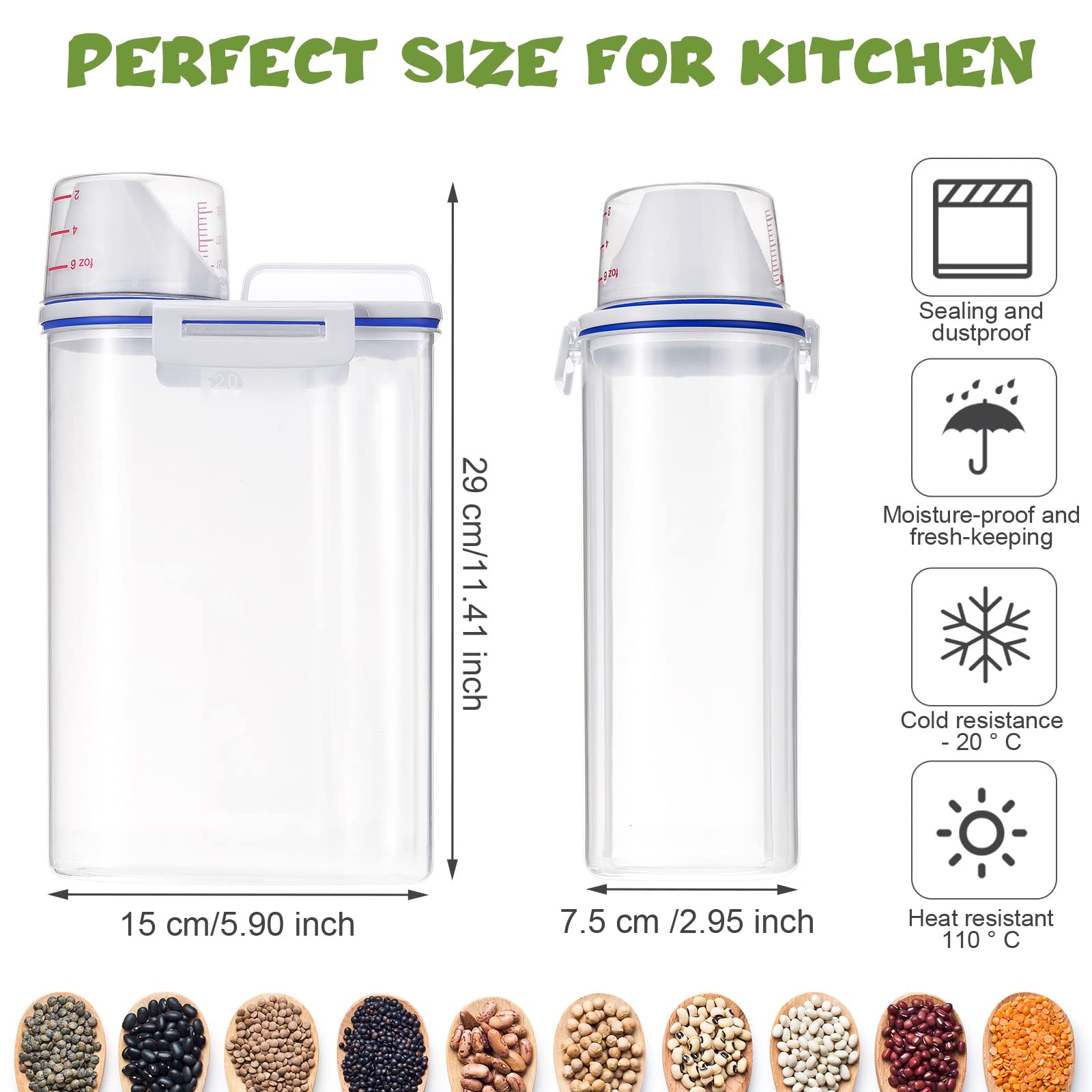 4-Piece Rice Storage Containers with Lids & Measuring Cup - 2.5L Airtight Plastic Cereal Dispenser for Flour, Rice, Pasta - Perfect for Kitchen Pantry Organization & Bulk Food Storage