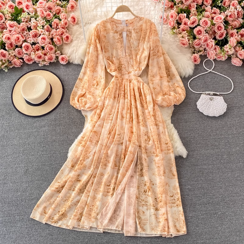 Vintage French Printed Chiffon Long Dress with Round Neck & Side Slit - Elegant Flowy Maxi Dress for Women | Perfect for Weddings, Parties & Special Occasions