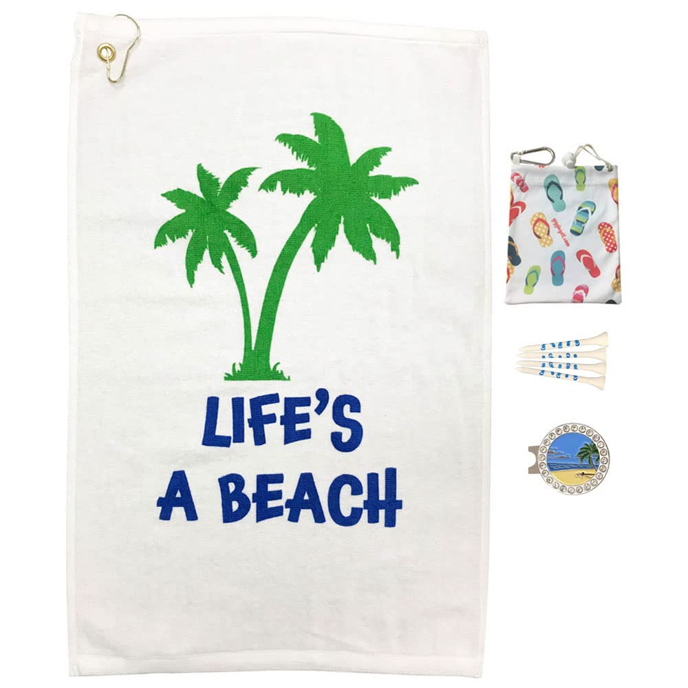 Premium Par 3 Golf Kit - Includes Terry Velour Golf Towel, Tee Bag with 4 Tees & Bling Ball Marker with Hat Clip - Women's Golf Accessories Set - Ideal Golf Gift for Her - Perfect for Beach Courses, Driving Range & Country Club Play
