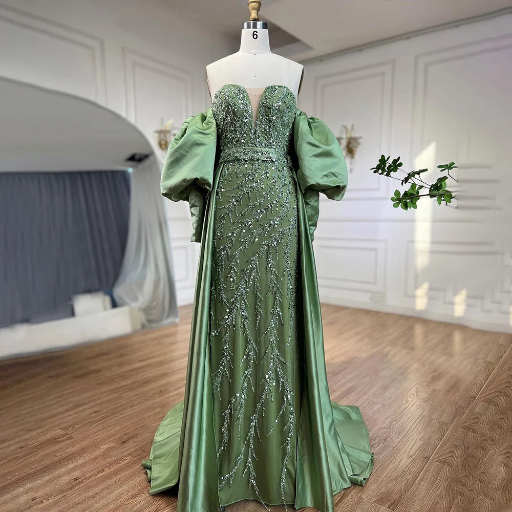 Serene Hill Champagne Luxury Mermaid Evening Dresses for Women - Elegant Long Gowns with Half Purr Sleeves for Prom, Wedding, Gala & Formal Events LA71120
