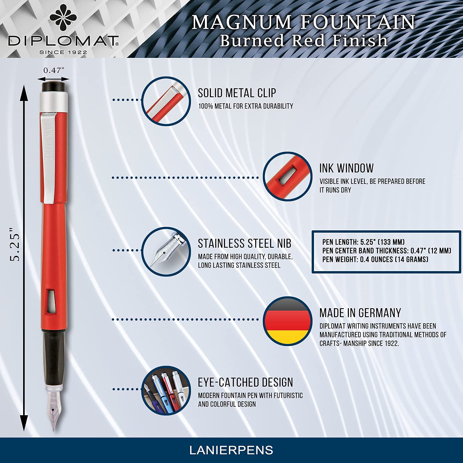 Diplomat Magnum Burned Red Fountain Pen Set - Premium Writing Instrument for Professionals, Students & Collectors - Perfect for Office, School, Gifts & Calligraphy