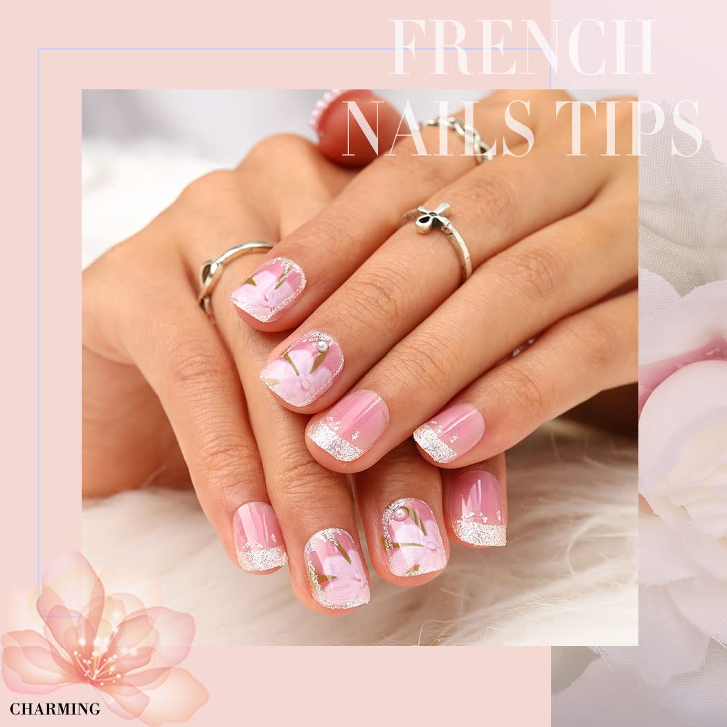 24pcs Uranian Square Press on Nails - Short French Fake Nails with Pearls & Flower Design, Glossy Pink False Nails with Bling Glitter - Full Cover Acrylic Nails Tips for Women & Girls (Flower Pink) | Perfect for Parties, Weddings, Date Nights & Special Occasions