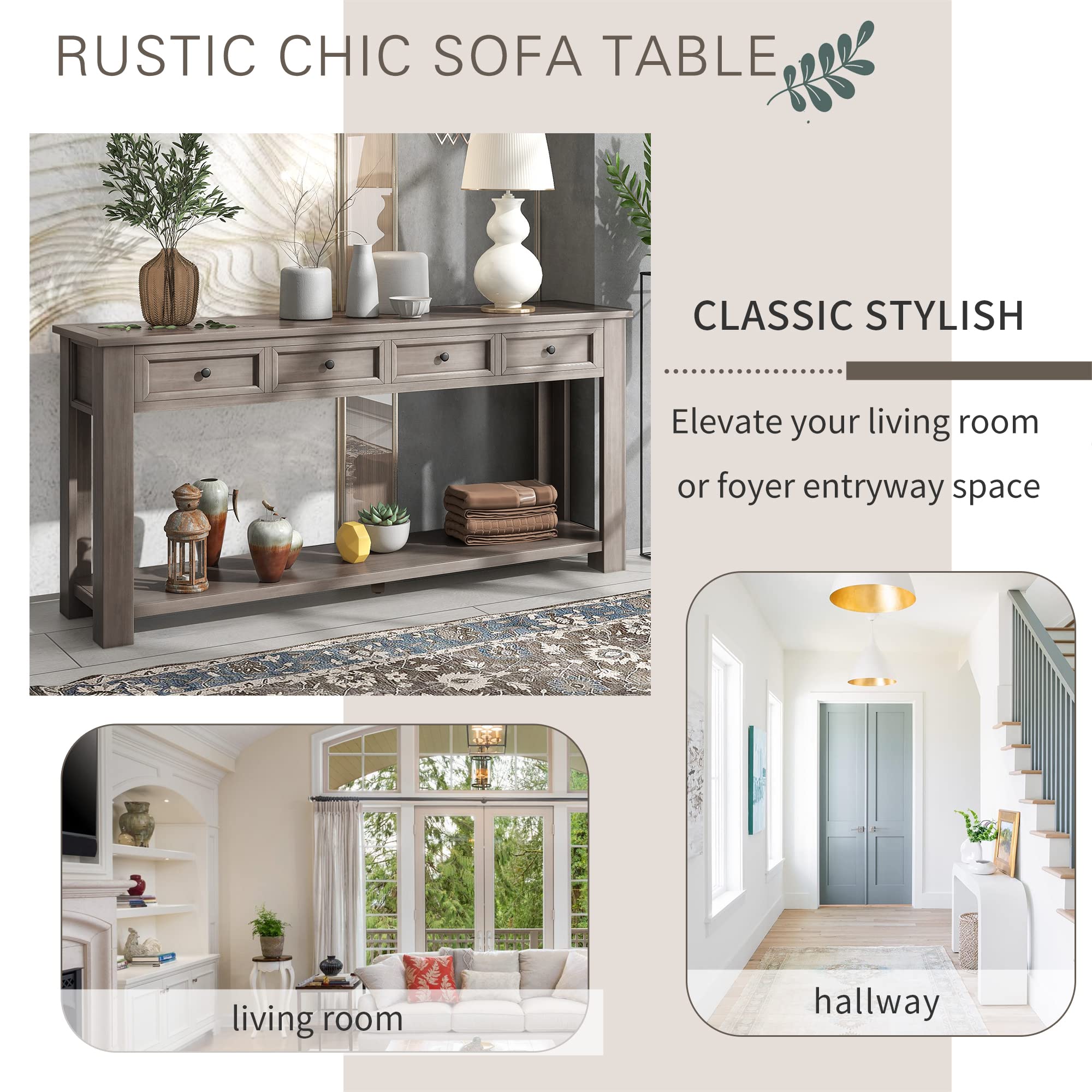 Farmhouse Entryway Table with 4 Drawers & Storage Shelf - 63 Inch Long Console Table for Living Room, Hallway & Entryway - Gray Wash Distressed Finish - Perfect for Organizing Keys, Mail & Home Decor