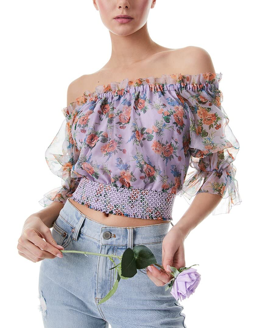 Alice + Olivia Caprina Off-The-Shoulder Blouse for Women | Elegant Ruffled Sleeve Summer Top | Perfect for Date Night, Beach Vacation & Cocktail Parties