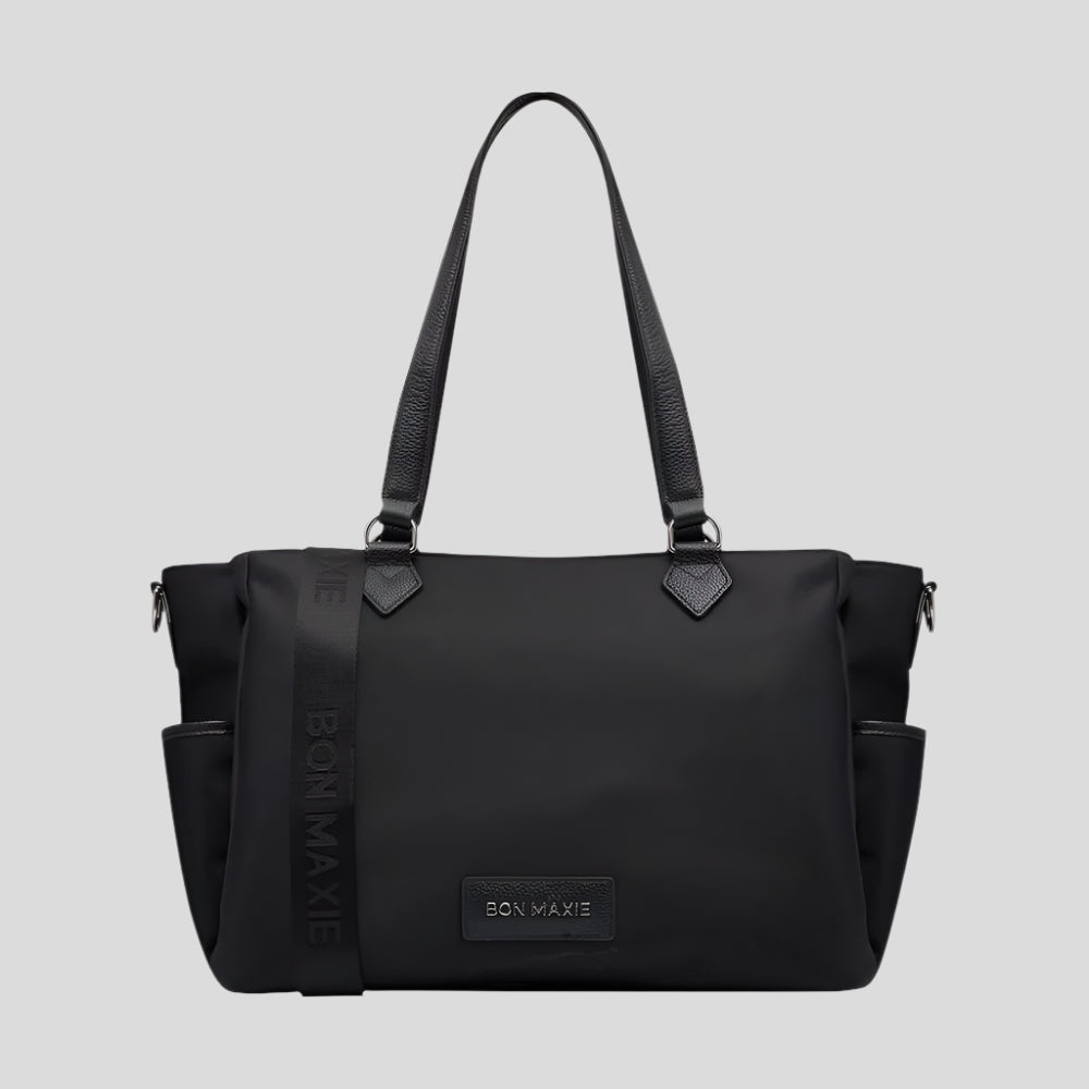 Black Nylon Carryall Tote Bag with Detachable Pouch - Stylish & Spacious for Work, Travel, and Everyday Use