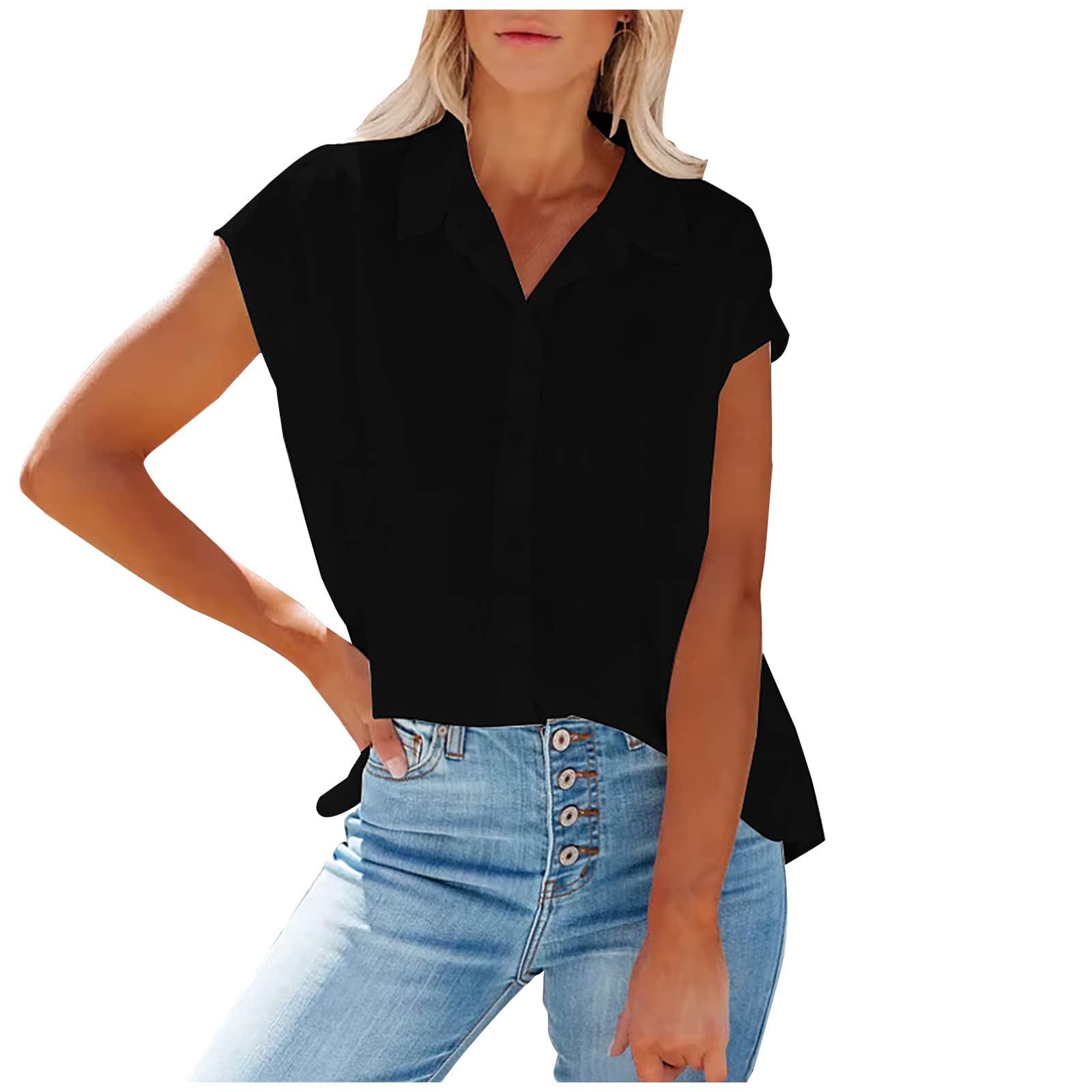 Women's Classic Button Down Tunic Shirt - Short Sleeve V-Neck Collared Blouse for Casual Wear, Office & Summer Outfits