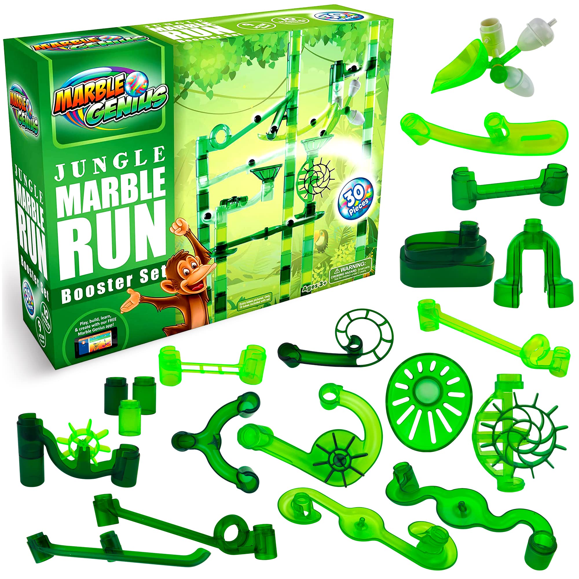 Marble Genius Marble Run Booster Set - 30 Piece STEM Building Toy with 10 Action Pieces for Kids Ages 3+ | Construction Blocks, Instruction App & Jungle Themed Add-On | Perfect for Indoor Play, Birthday Gifts & Educational Fun