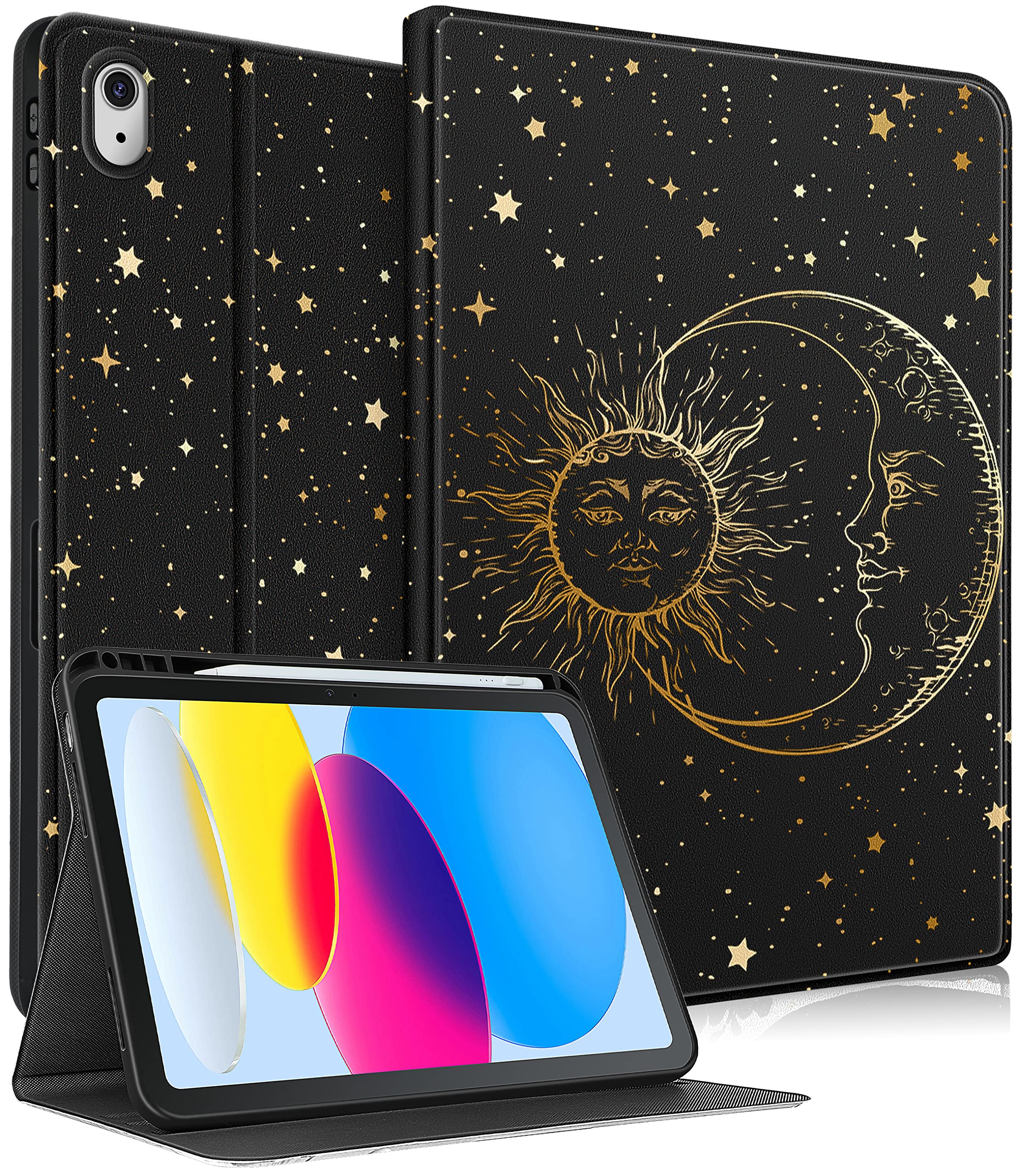 10.9 Inch iPad Case for 10th & 11th Generation (2025) - Cute Sun and Moon Aesthetic Folio Cover with Pencil Holder | Kawaii Protective Case for iPad 10.9
