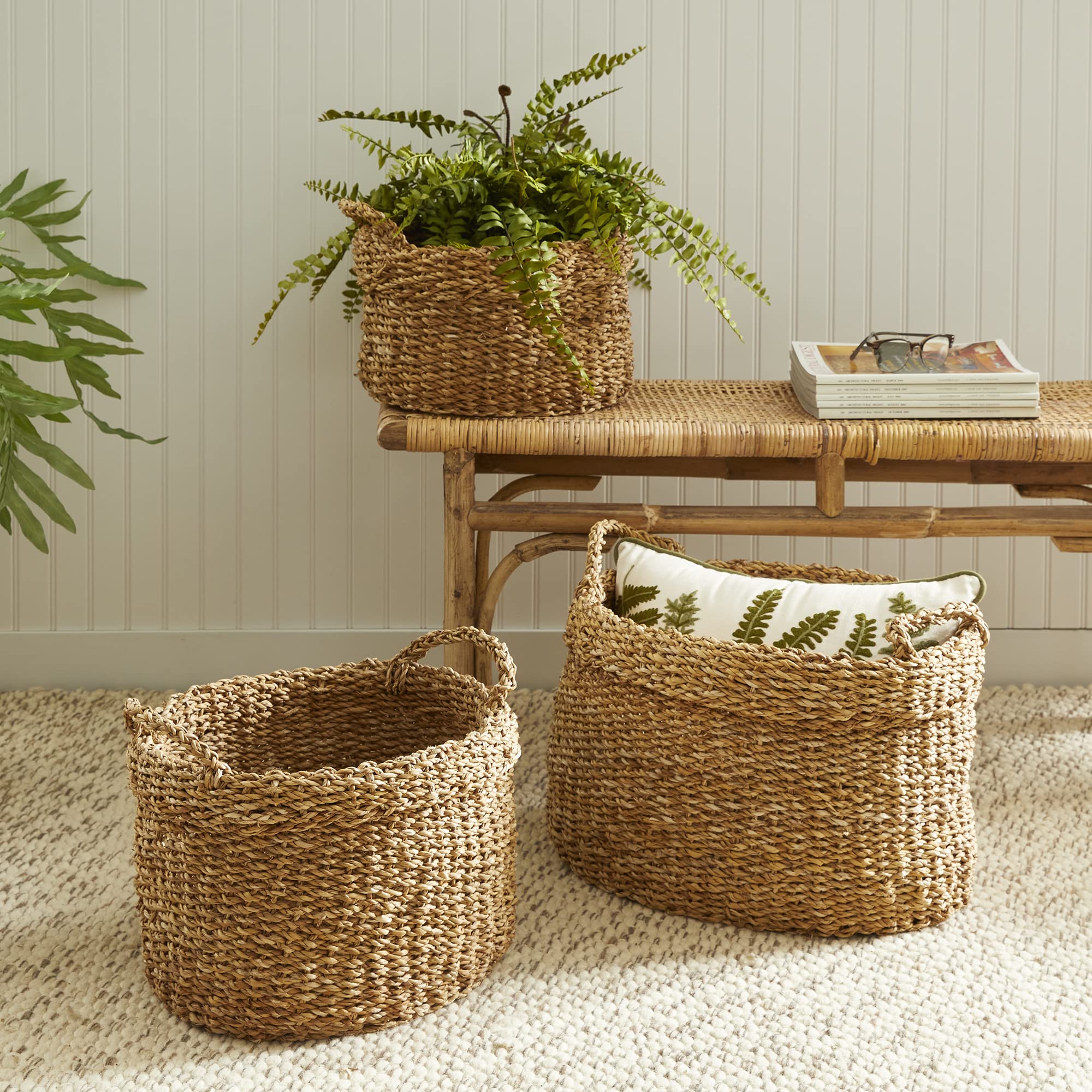 Napa Home & Garden Natural Seagrass Oval Storage Baskets with Handles - Set of 3 - Soft, Supple & Textured for Home Organization - Perfect for Living Room, Bedroom & Bathroom Storage