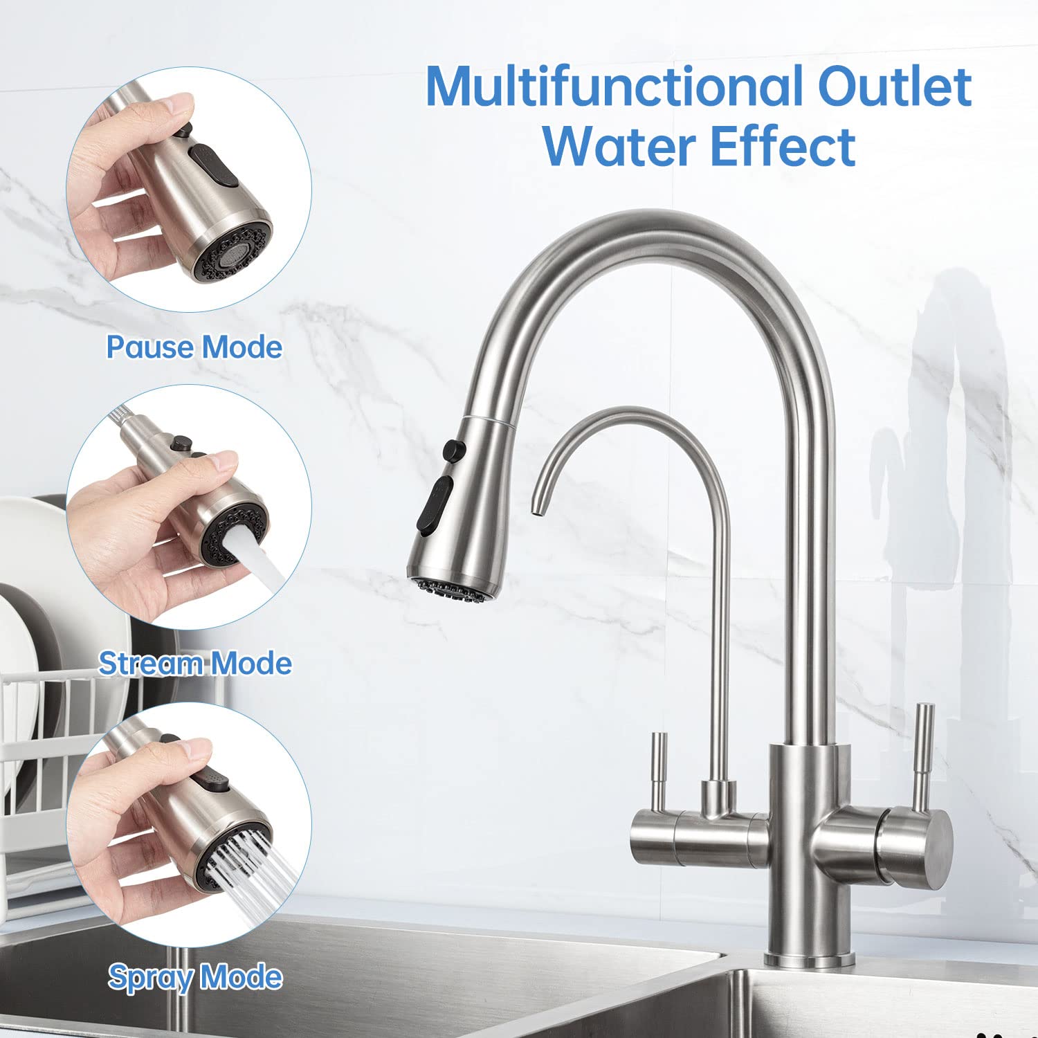 360° Swivel 3-Way Kitchen Faucet with Water Filter & Pull-Out Sprayer, Dual Handle for Hot and Cold Water, Stainless Steel - Perfect for Modern Kitchens and Easy Dishwashing