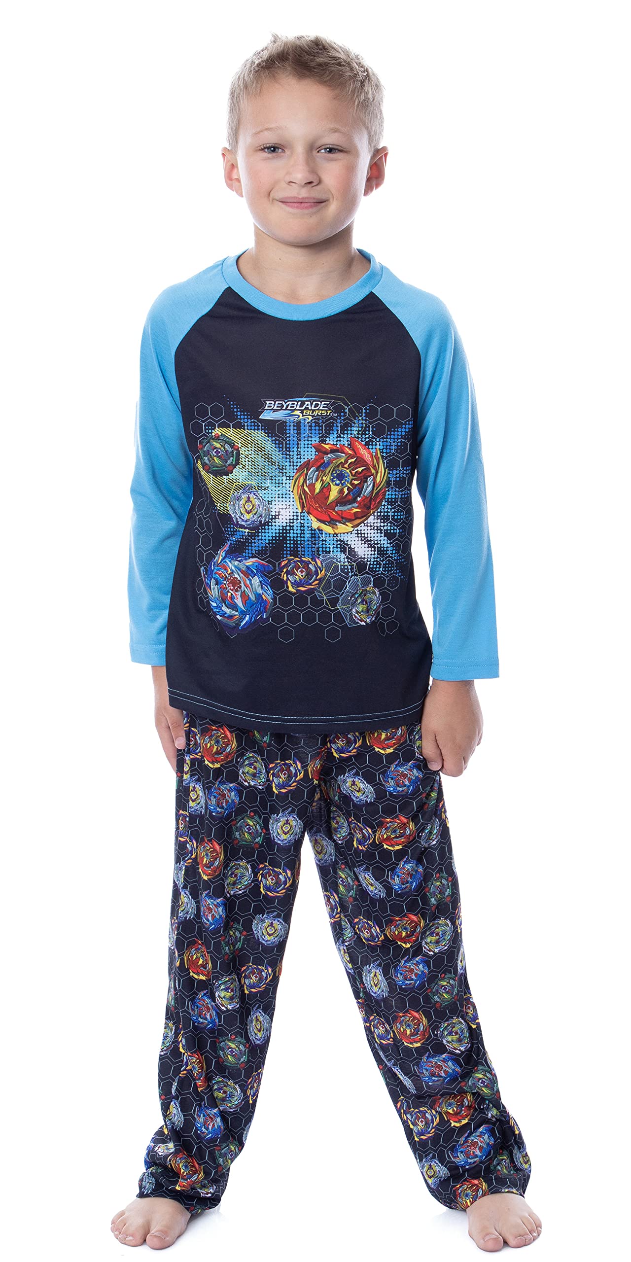 INTIMO Beyblade Burst Boys' Spinner Top Pajama Set - Long Sleeve Raglan Sleepwear with Cool Tossed Print | Perfect for Sleepovers, Birthday Gifts & Anime Fans
