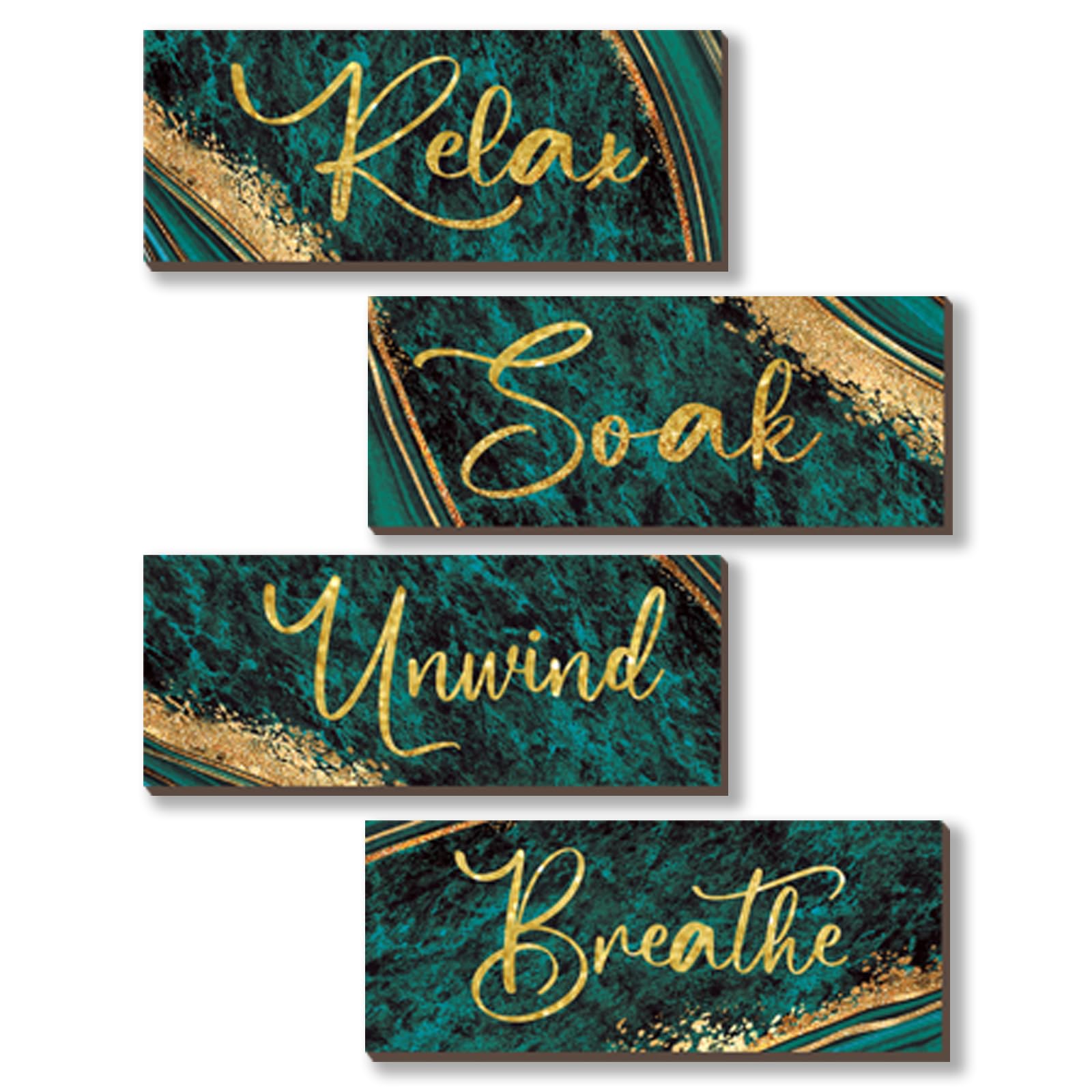 ONIZHITY 4-Piece Green and Gold Bathroom Decor Set - Rustic Wooden Wall Art with Marble Accents for Relaxation (10