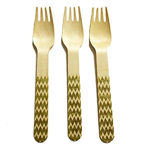 Premium Gold Chevron Pattern Wooden Forks - 6