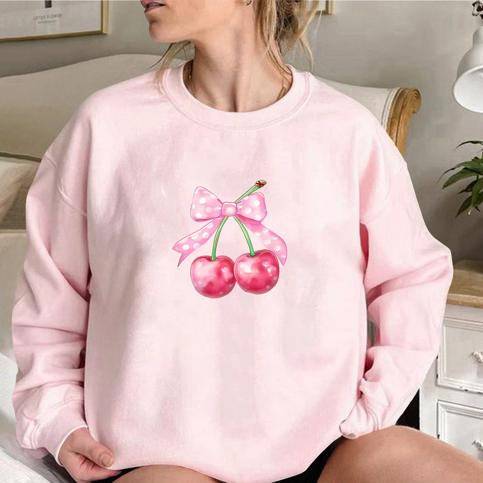 Women's Akklian Cute Cherry Bow Print Oversized Sweatshirt - Long Sleeve Kawaii Pullover Loose Fit Preppy Teen Girl Pink Top for Casual Outings & Cozy Evenings