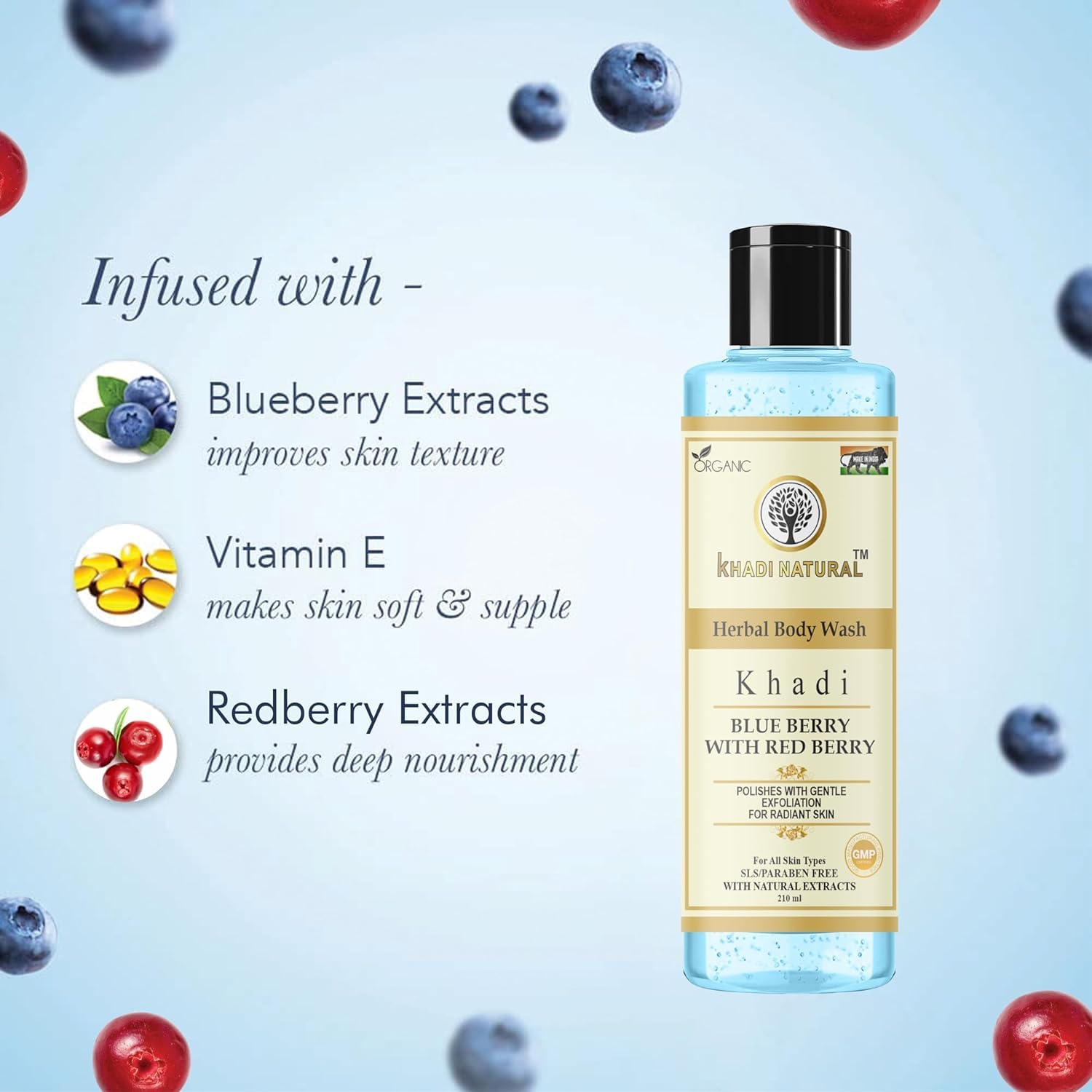 Khad.i Natural Blueberry Body Wash 210ml - Hydrating & Refreshing Shower Gel for Men & Women - Perfect for Daily Skincare & Relaxing Bath Time