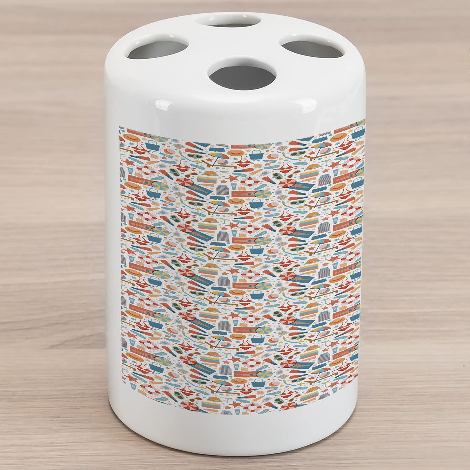 Ambesonne Ceramic Toothbrush Holder - Funny Swimming Theme Flip Flops, Snorkel, Bikini & Towel Design - Bathroom Countertop Decor, 4.5