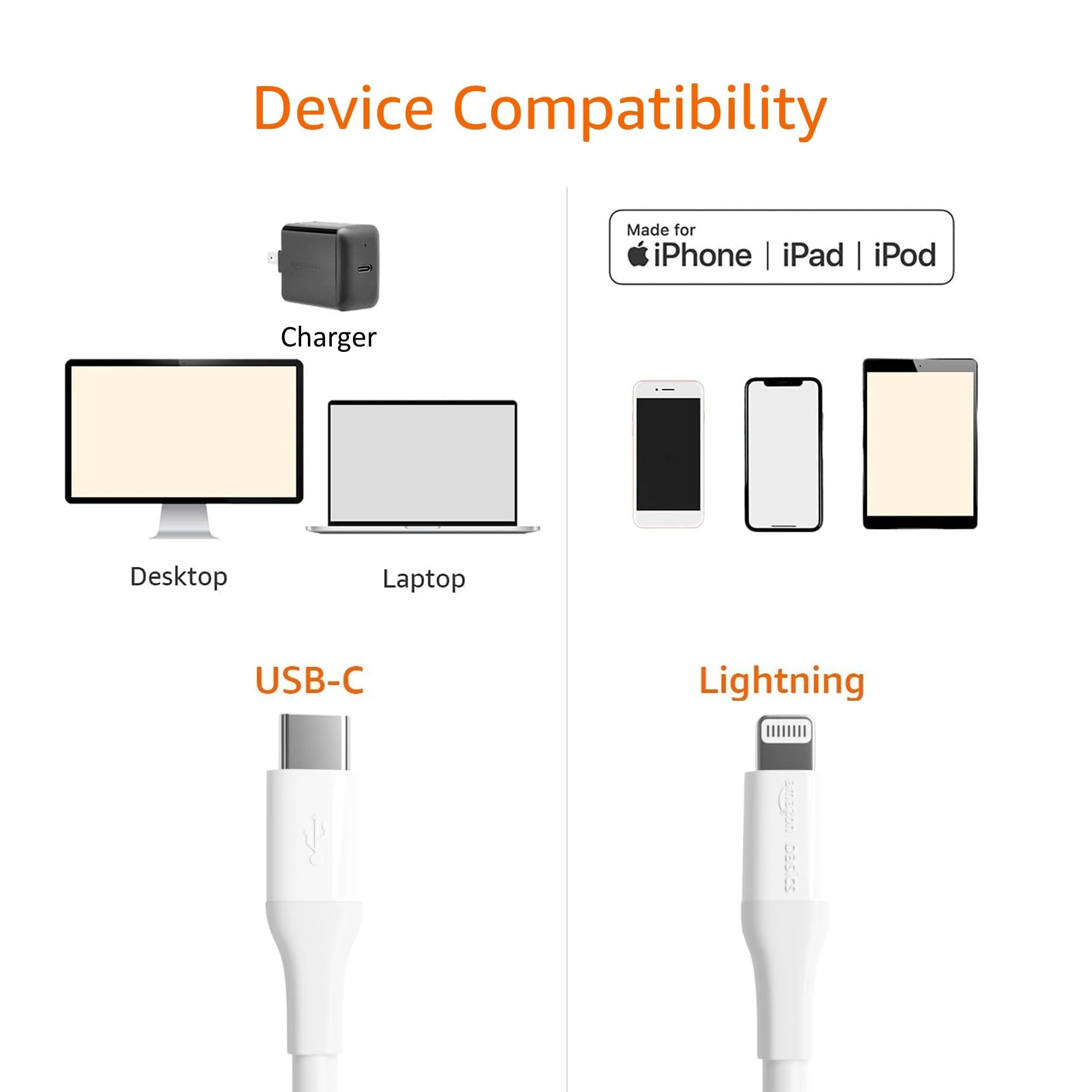 Amazon Basics MFi Certified USB-C to Lightning Cable - 10ft Fast Charging Cable for iPhone, iPad - White | Compatible with iPhone 15/14/13/12/11/X/8 & More | Perfect for Home, Office & Travel Charging