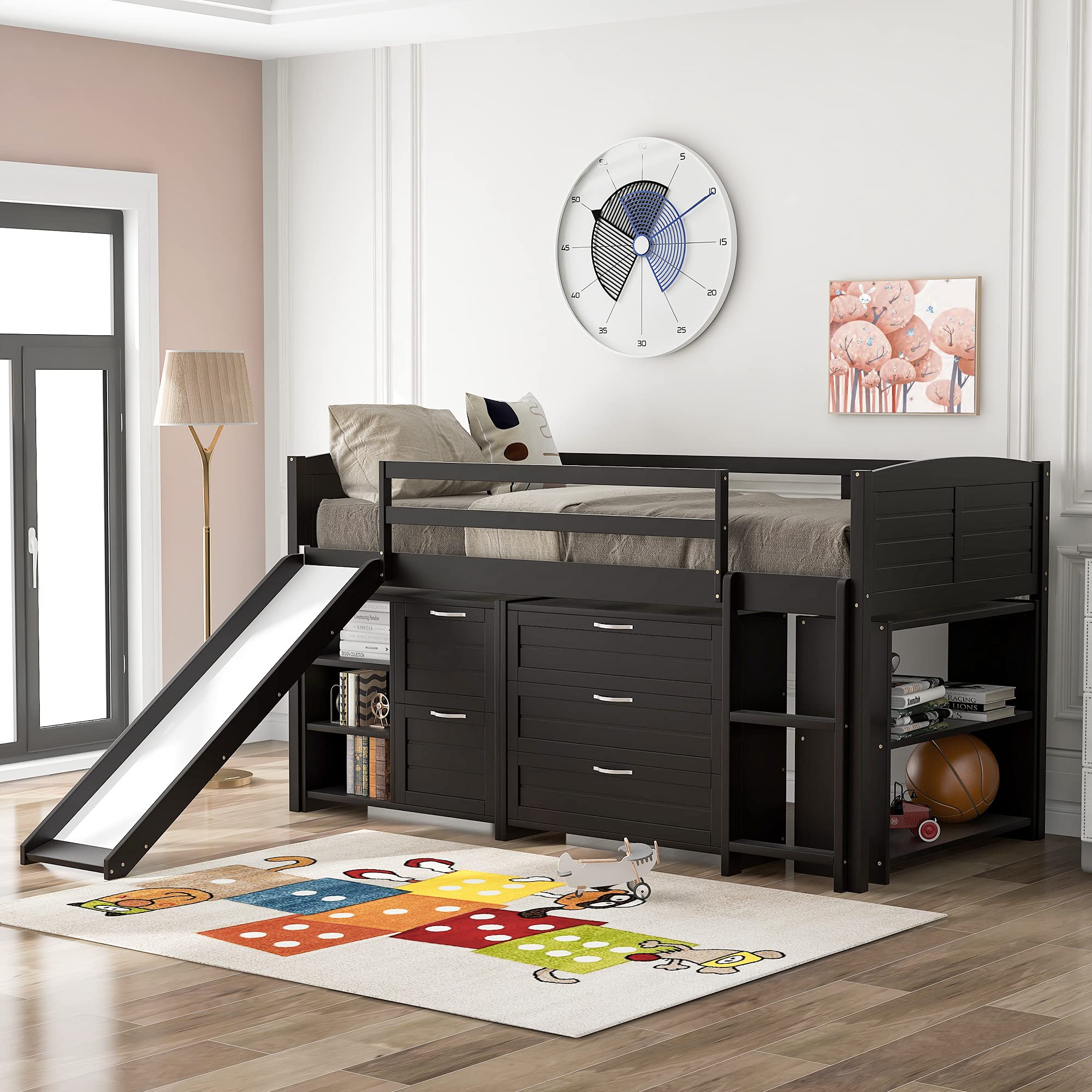 Merax Twin Loft Bed with Study Desk - 2 Cabinets, 5 Storage Drawers & 5 Shelves - Includes Slide, Ladder & Safety Guardrail - Espresso Finish - Perfect for Kids' Bedroom, Dorm Room or Small Space Organization