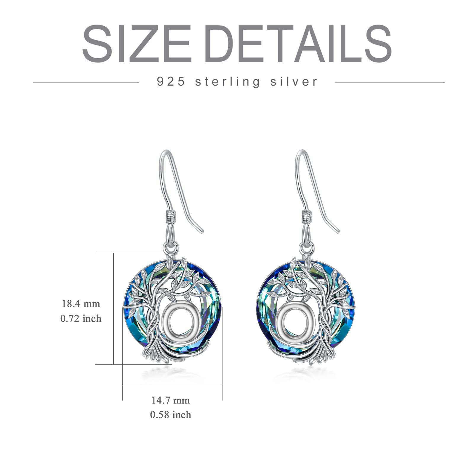 TOUPOP Tree of Life Initial Earrings 925 Sterling Silver A-Z Letter Drop Dangle Earrings with Blue Circle Crystal - Valentine's Day, Anniversary, Birthday Gifts for Women, Her, Girlfriend, Mom - Perfect for Romantic Occasions, Date Nights and Special Celebrations