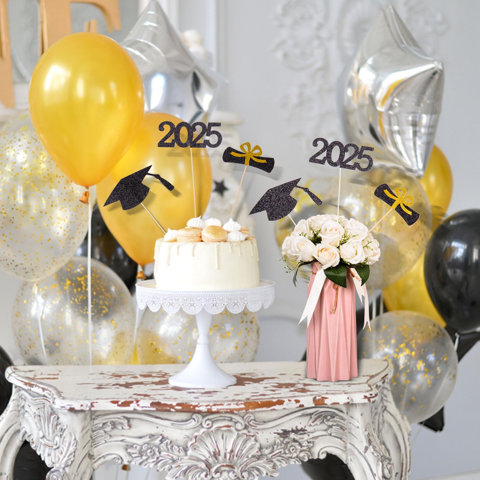 12-Piece Glitter Graduation Centerpiece Sticks - Class of 2025 Cake Toppers & Floral Picks for High School & College Graduation Parties (Black) | Perfect for Graduation Decorations, Table Centerpieces, and Photo Backdrops