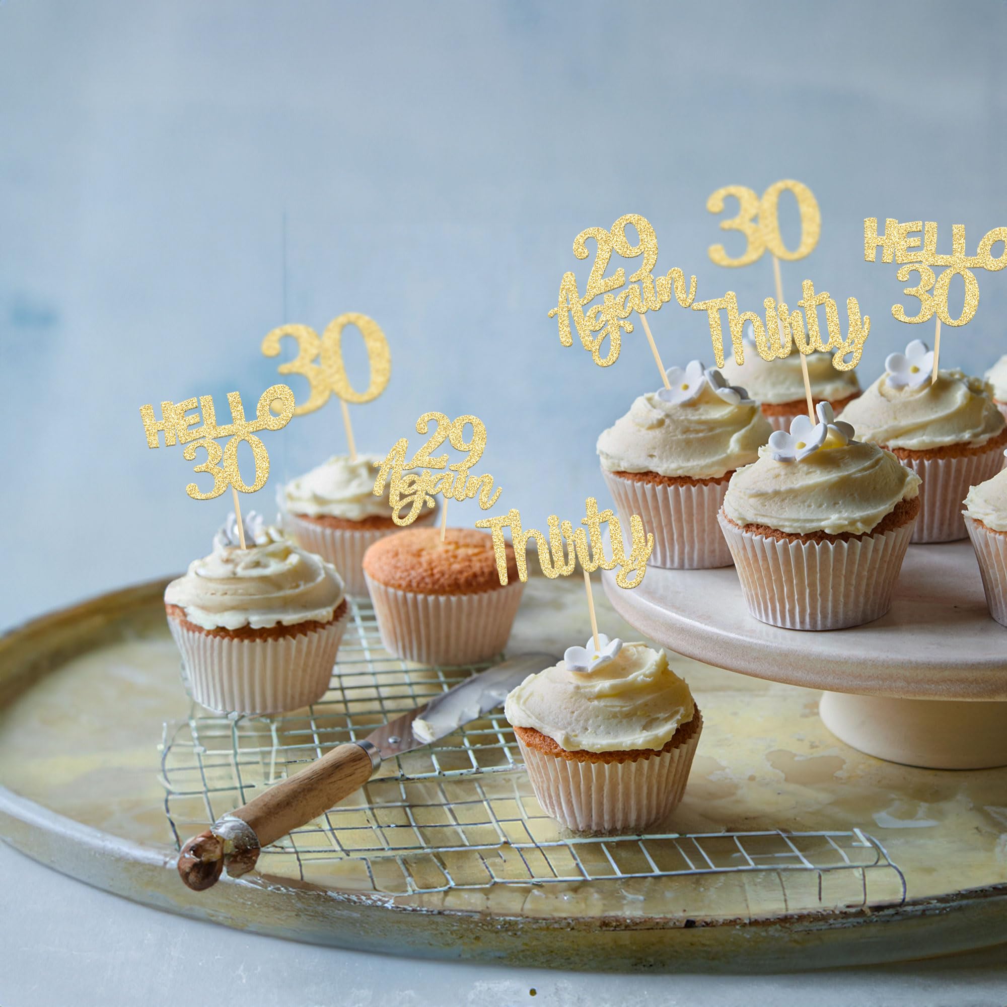 24Pcs Gold Glitter 30th Birthday Cupcake Toppers - Hello 30 Cake Decorations, Again 29 & Thirty Cupcake Picks for 30th Birthday Party, Anniversary, Milestone Celebration - Perfect for Cake Decorating Supplies & Dessert Table Displays