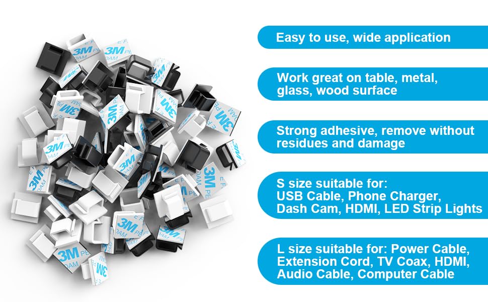 Topavatop 100 PCS Adhesive Cable Clips (Large, White & Black) - Heavy Duty Wall Wire Holder, Cord Organizer for Under Desk Cable Management - Hide Wires, Organize LED & HDMI Cables - Perfect for Home Office, Gaming Setup & Entertainment Systems