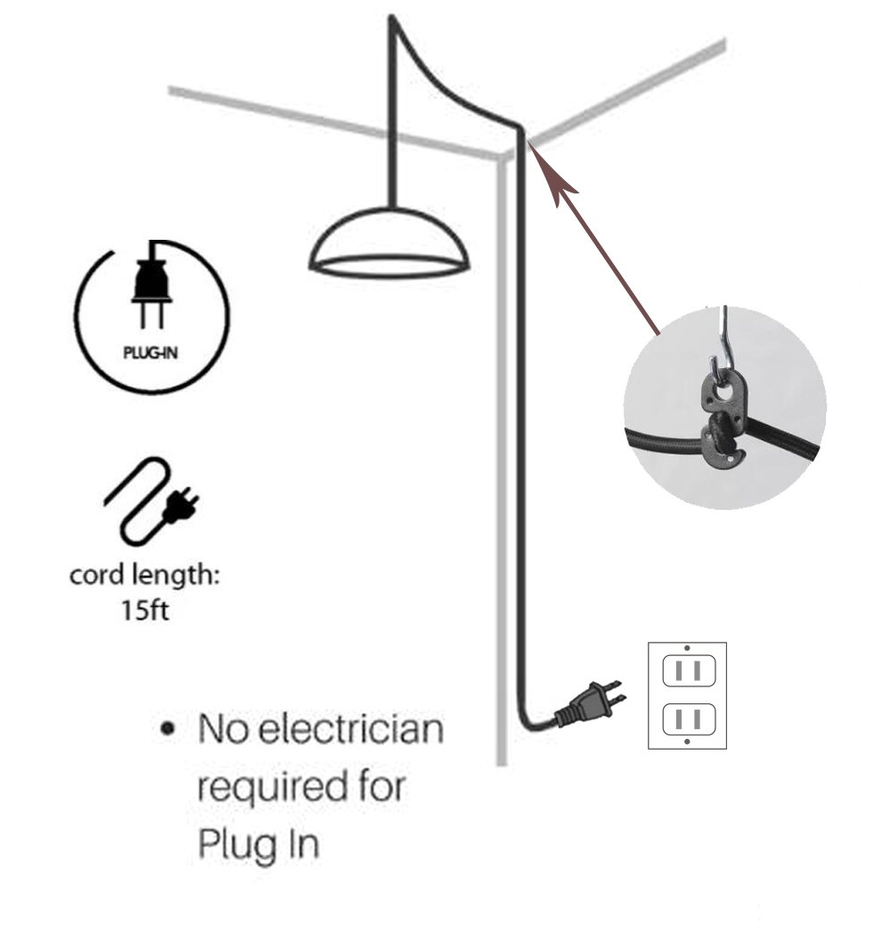 Kiven Plug in Pendant Light with 15 Ft Black Fabric Cord & 7.9