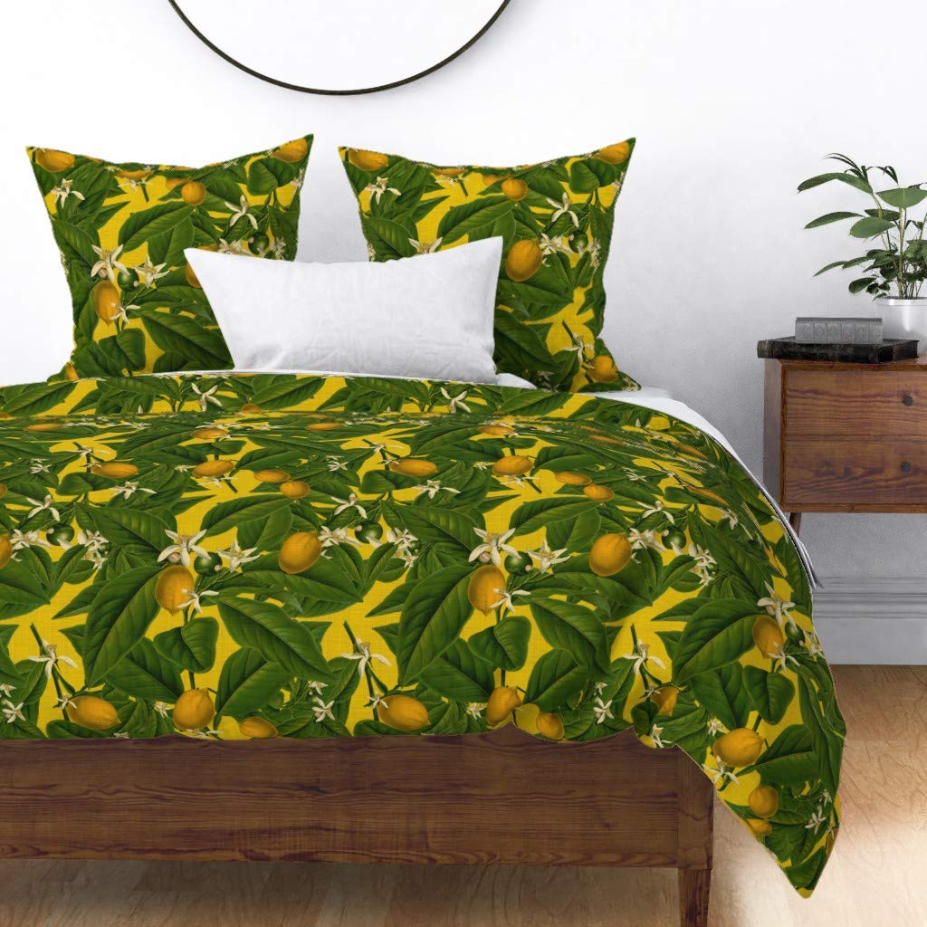 Premium Cotton Sateen Duvet Cover Full/Queen Size - Yellow Citrus Lemon Leaves Floral Botanical Print | Soft Custom Bedding for Modern Bedrooms | Perfect for Guest Rooms, Master Suites & Vacation Homes